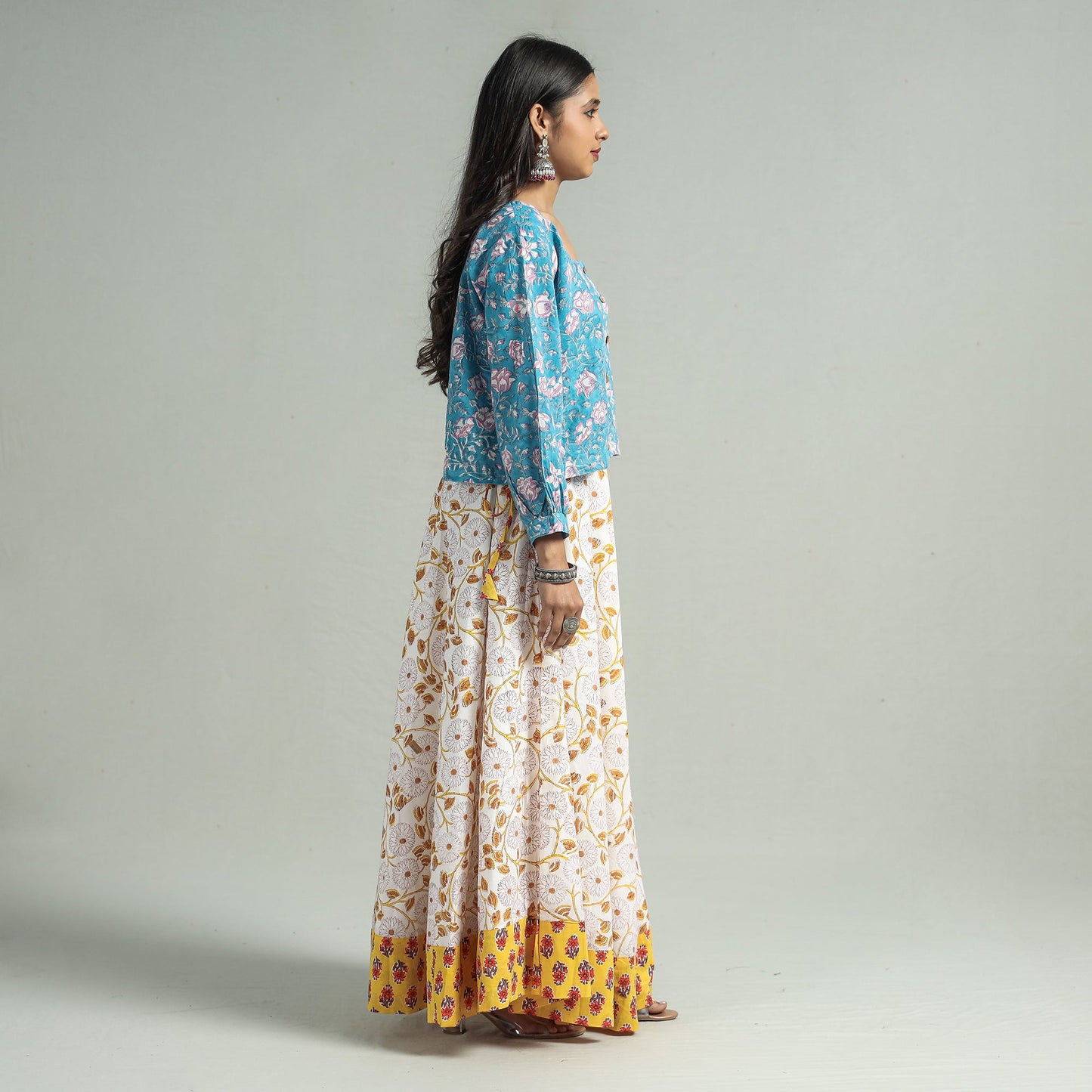 White Sanganeri Block Printed Cotton Long Skirt