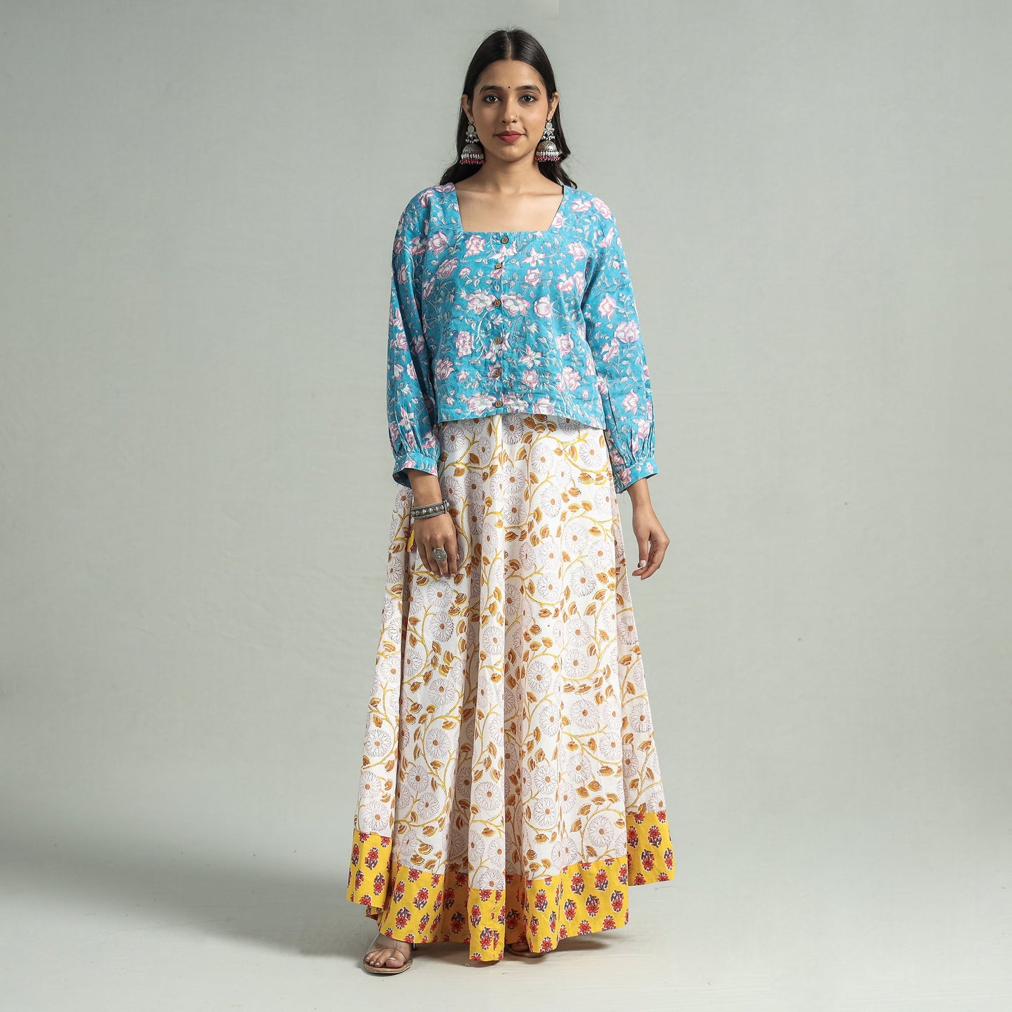 White Sanganeri Block Printed Cotton Long Skirt