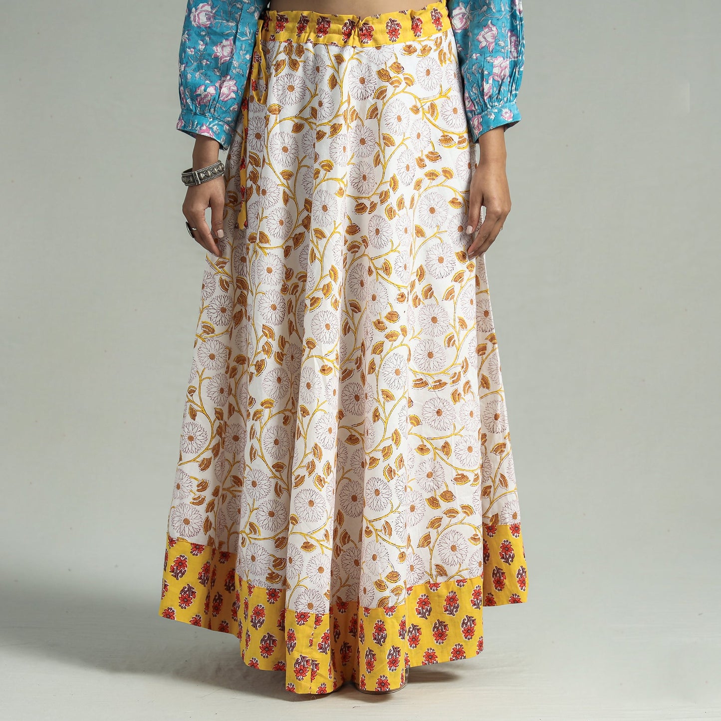 White Sanganeri Block Printed Cotton Long Skirt
