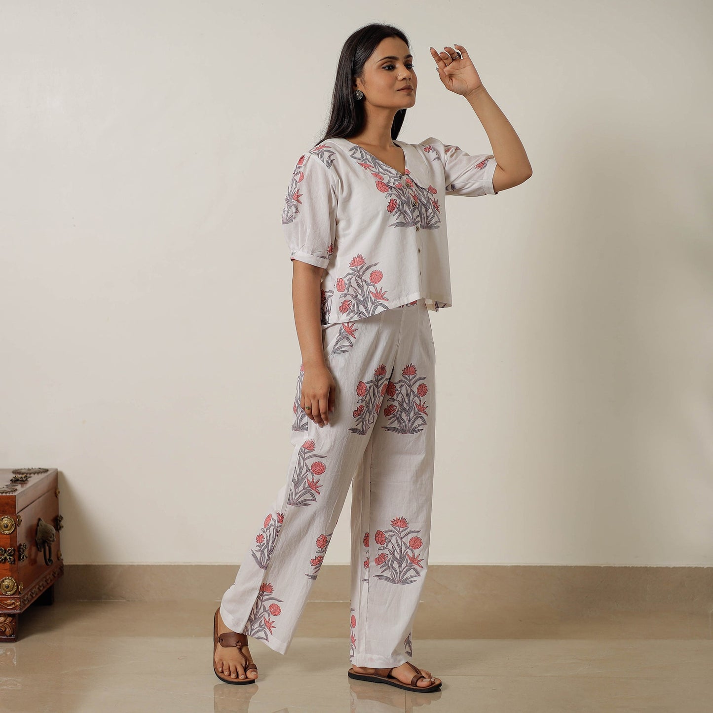 White - sanganeri printed cotton co-ord set 22 - handcrafted