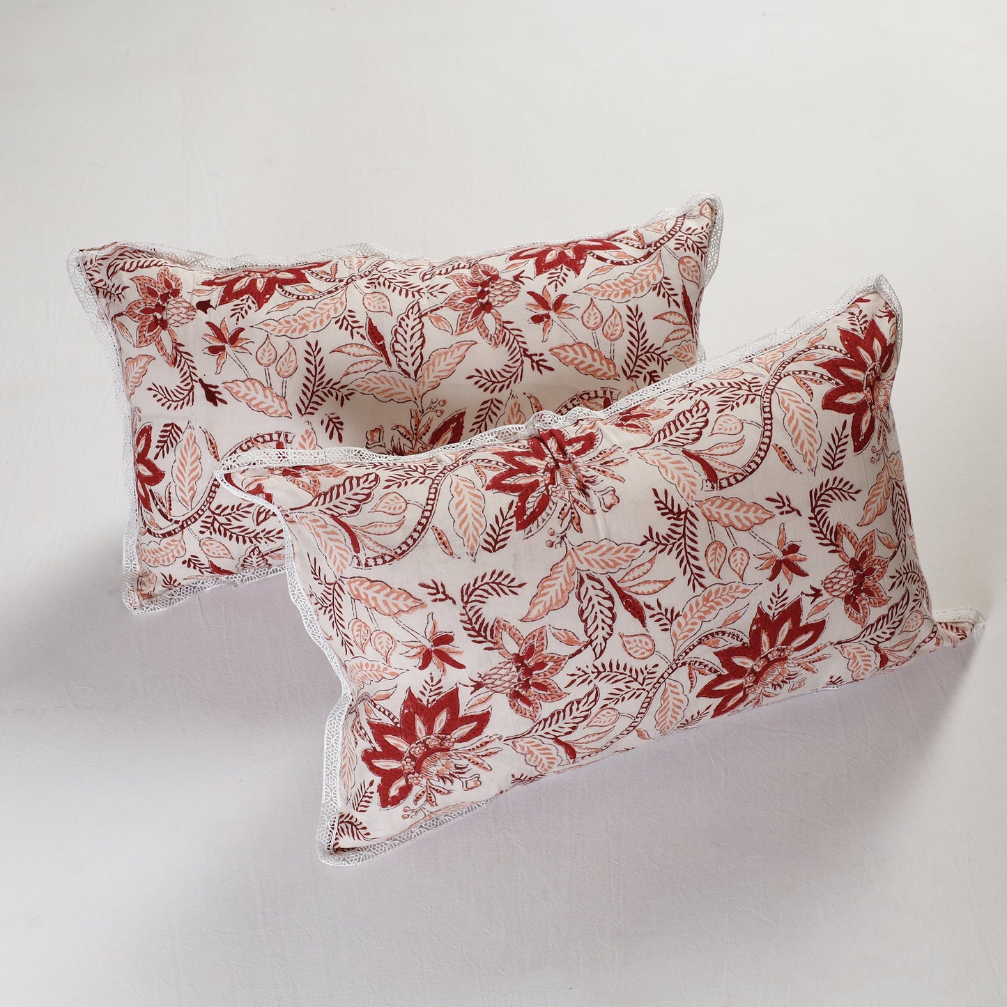 BuySanganeri Block Printed Cotton Pillow Cover With Lace (26 x 16 in) - Set of 2