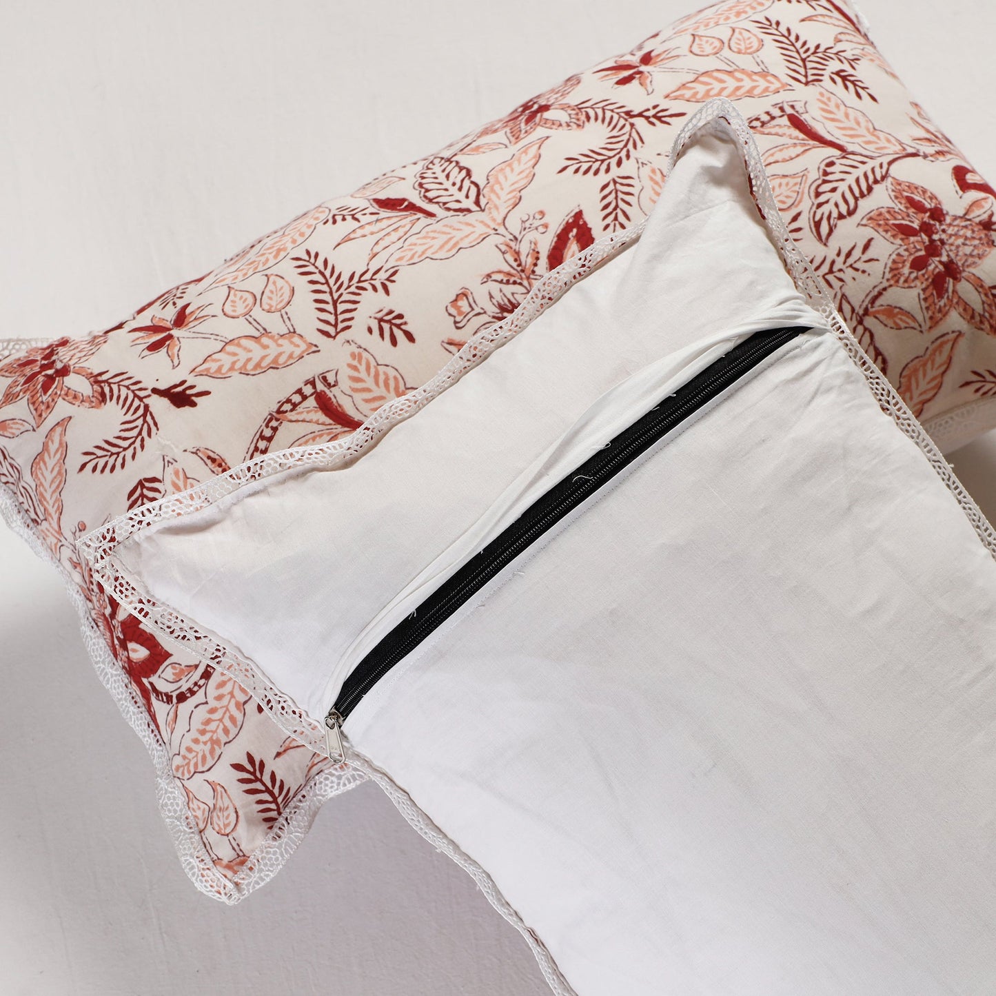 BuySanganeri Block Printed Cotton Pillow Cover With Lace (26 x 16 in) - Set of 2