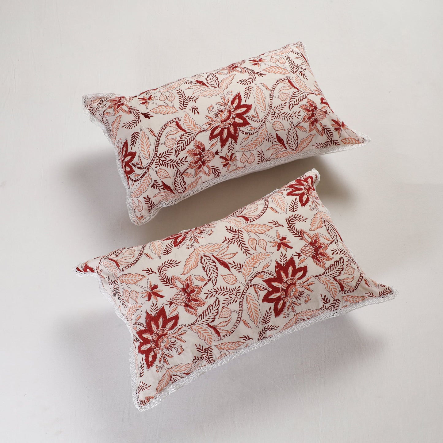 BuySanganeri Block Printed Cotton Pillow Cover With Lace (26 x 16 in) - Set of 2