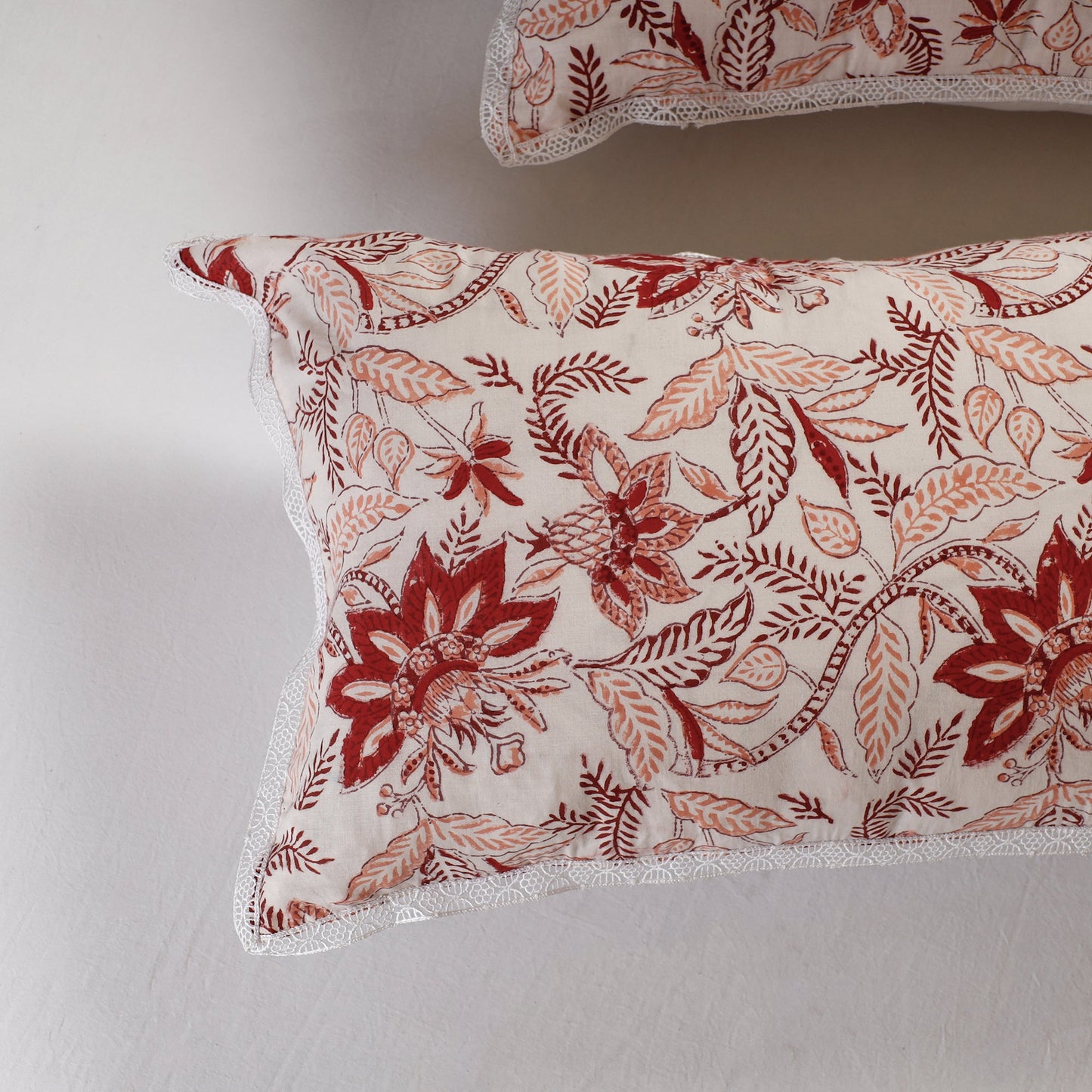 BuySanganeri Block Printed Cotton Pillow Cover With Lace (26 x 16 in) - Set of 2