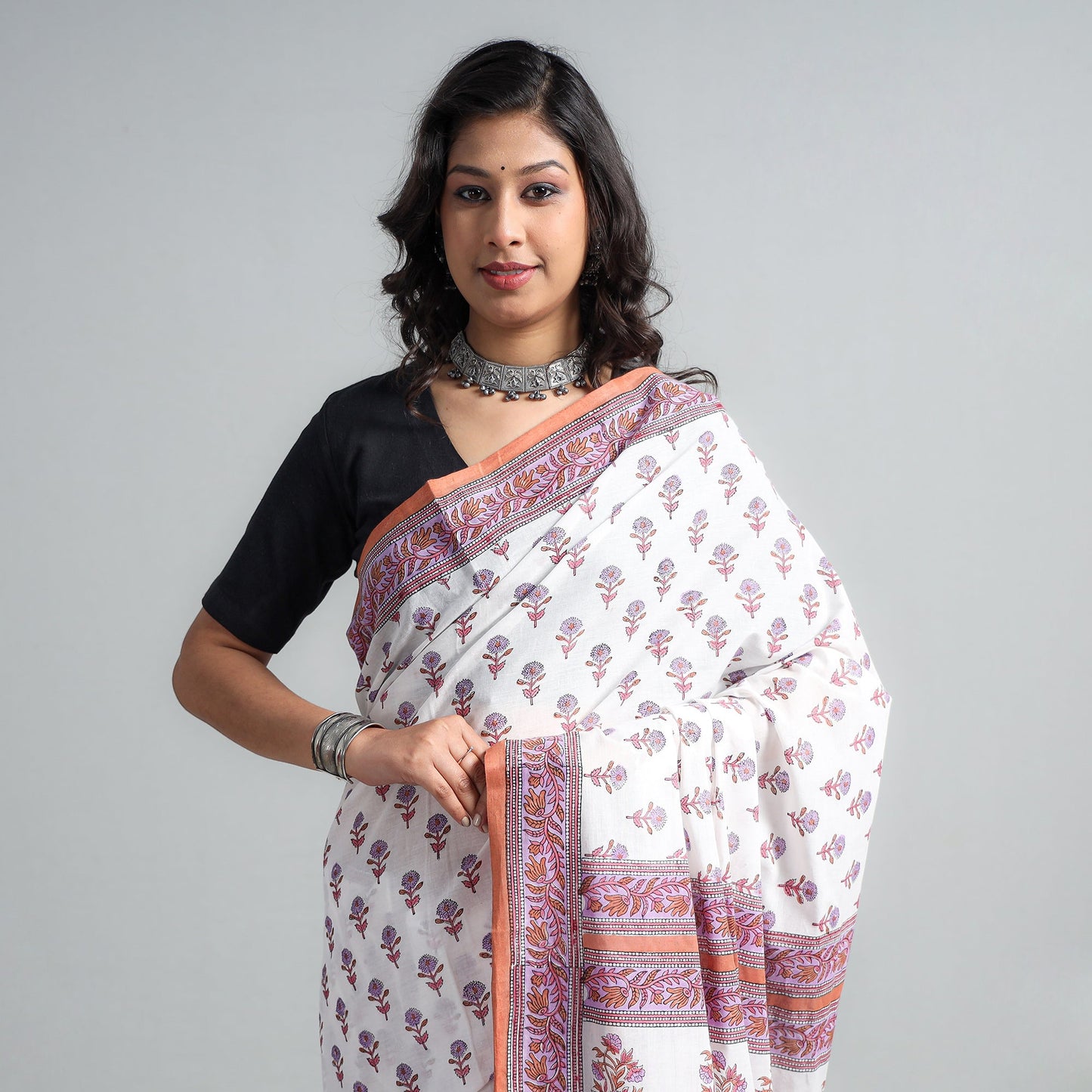 Buy Block Printed Mul Cotton Sanganeri Saree