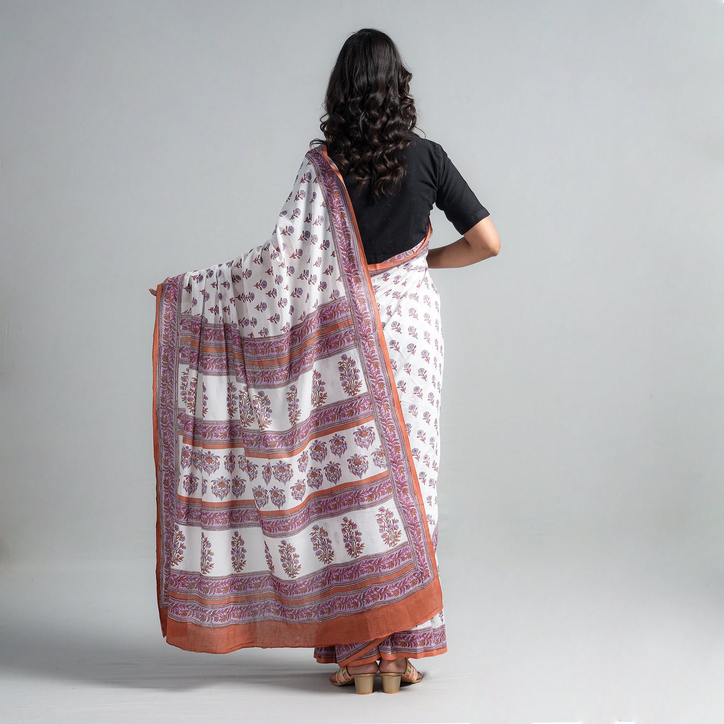 Buy Block Printed Mul Cotton Sanganeri Saree