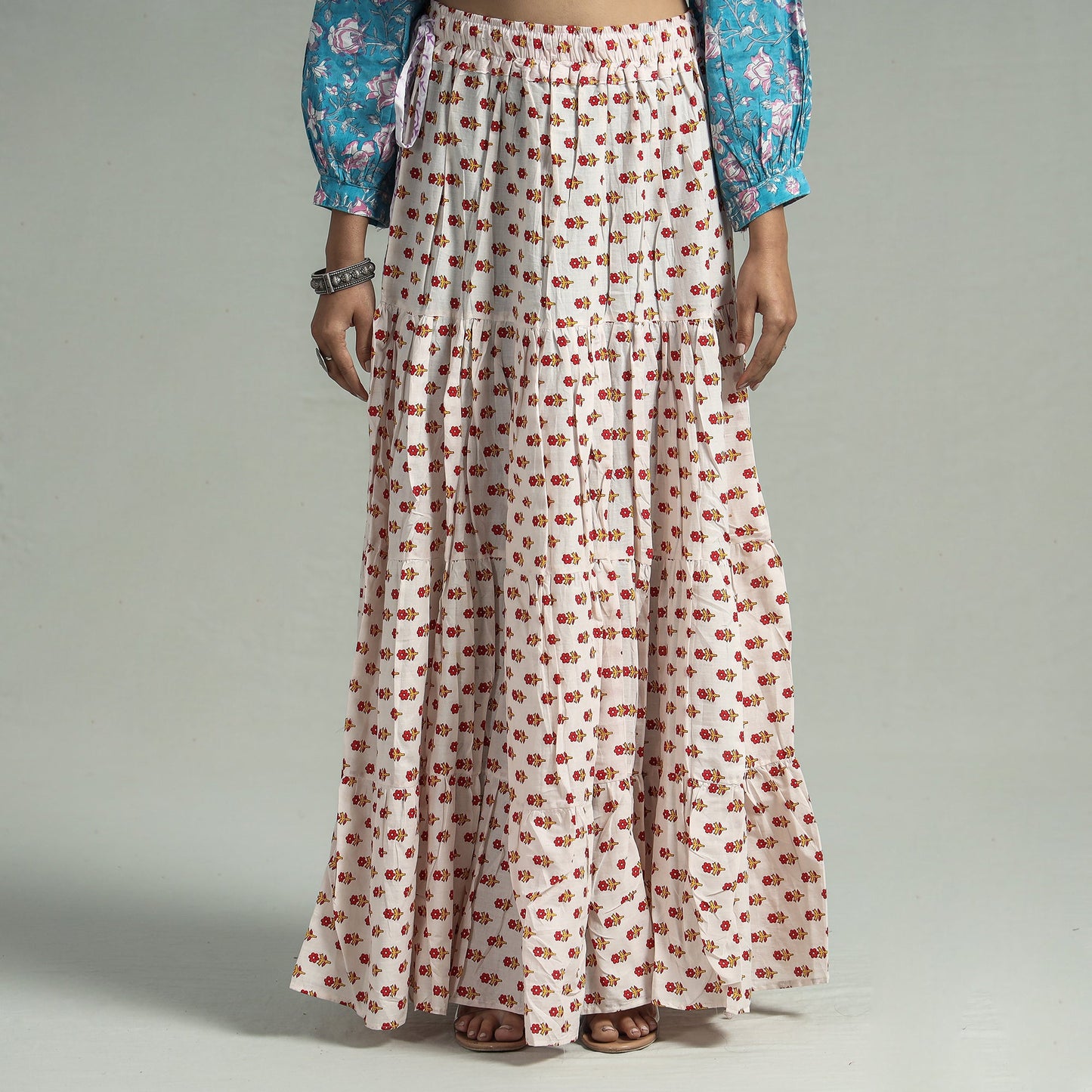White Sanganeri Block Printed Tiered Cotton Long Skirt
