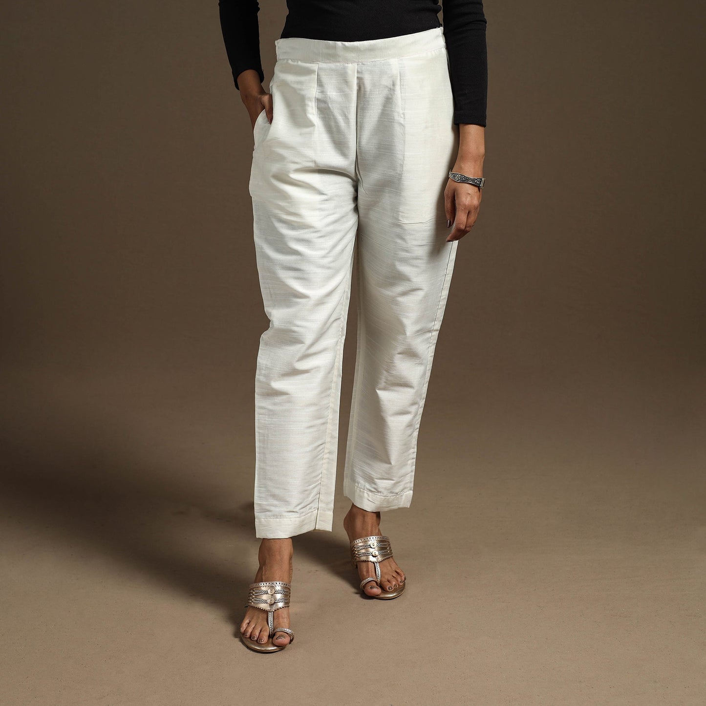 White - slub silk elasticated plain pant 02 - handcrafted