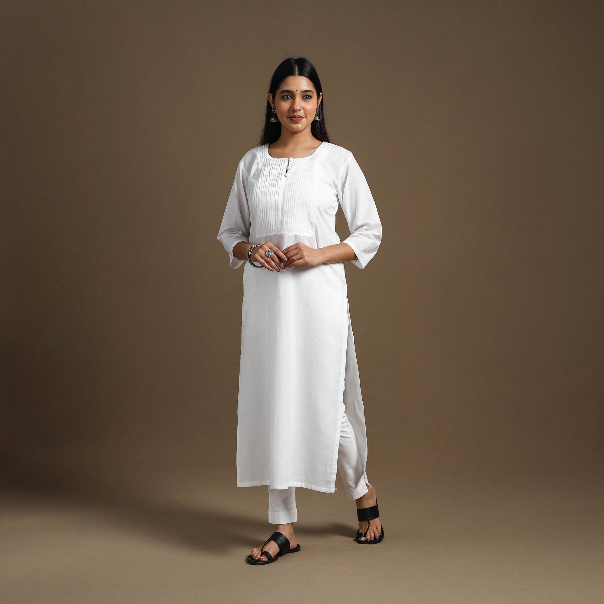 White - Straight Pintuck Plain Cotton Long Kurta 08
