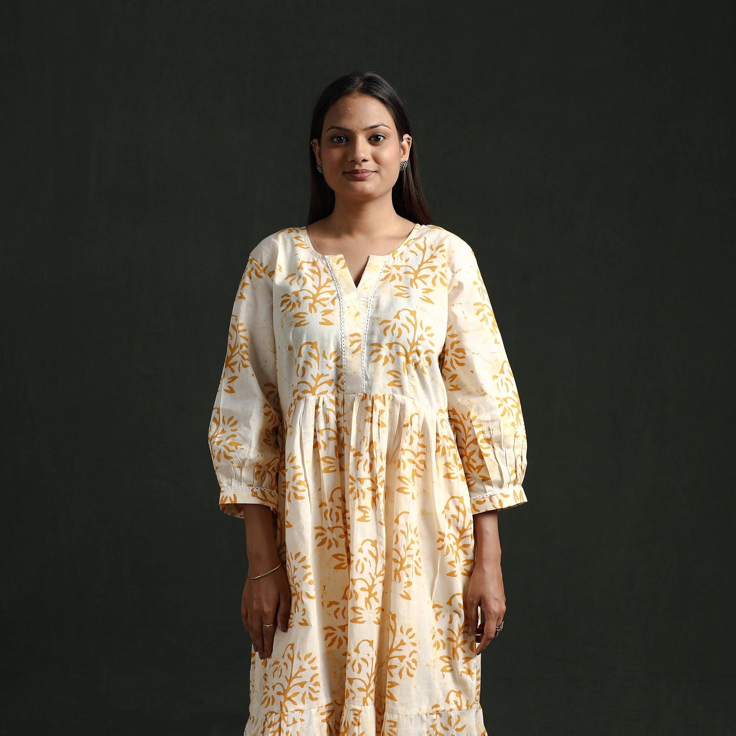 Tiered flared lace work cotton hand block batik print dress