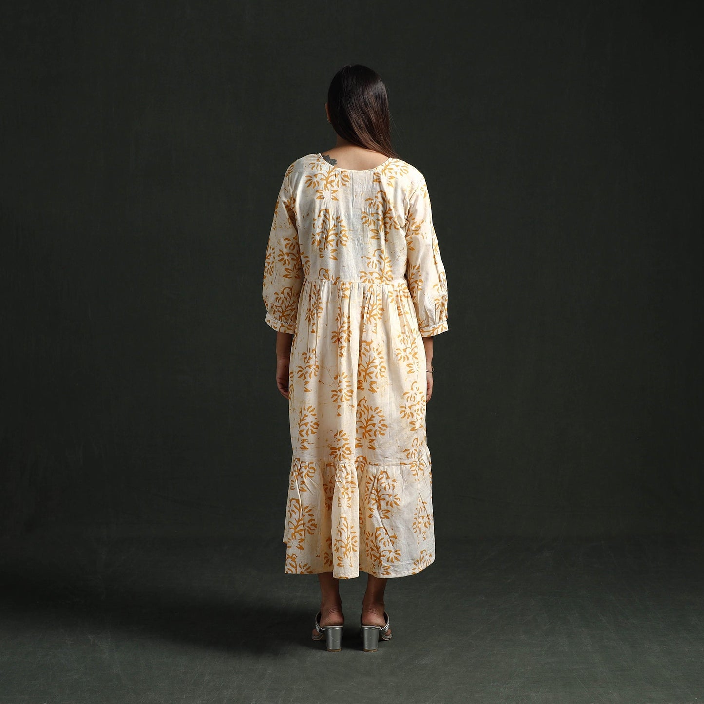 Tiered flared lace work cotton hand block batik print dress
