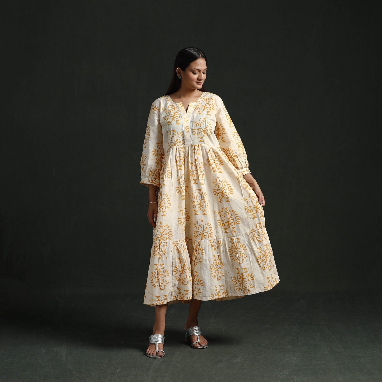 Tiered flared lace work cotton hand block batik print dress