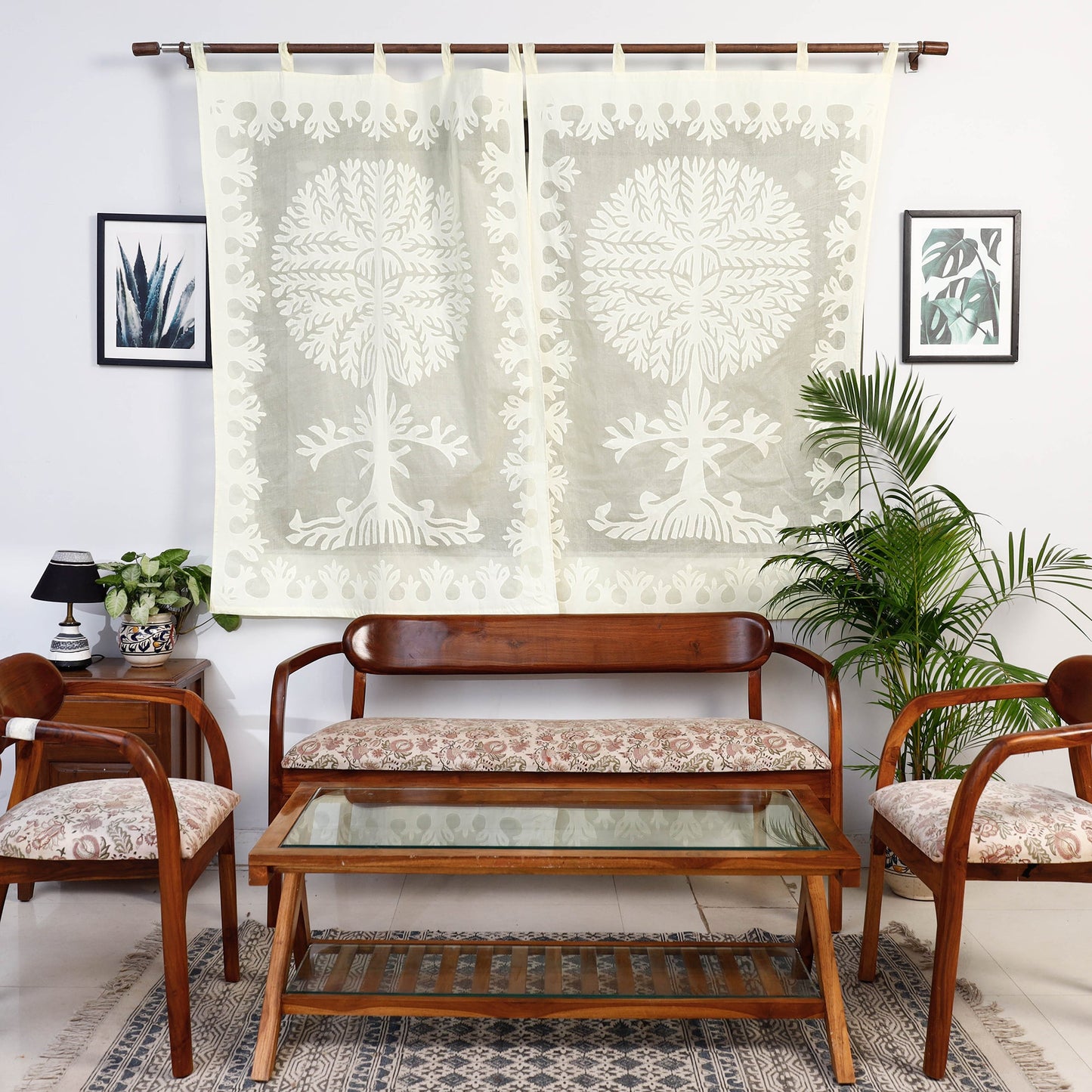 Off White Tree Cutwork Cotton Barmer Applique Window Curtain
