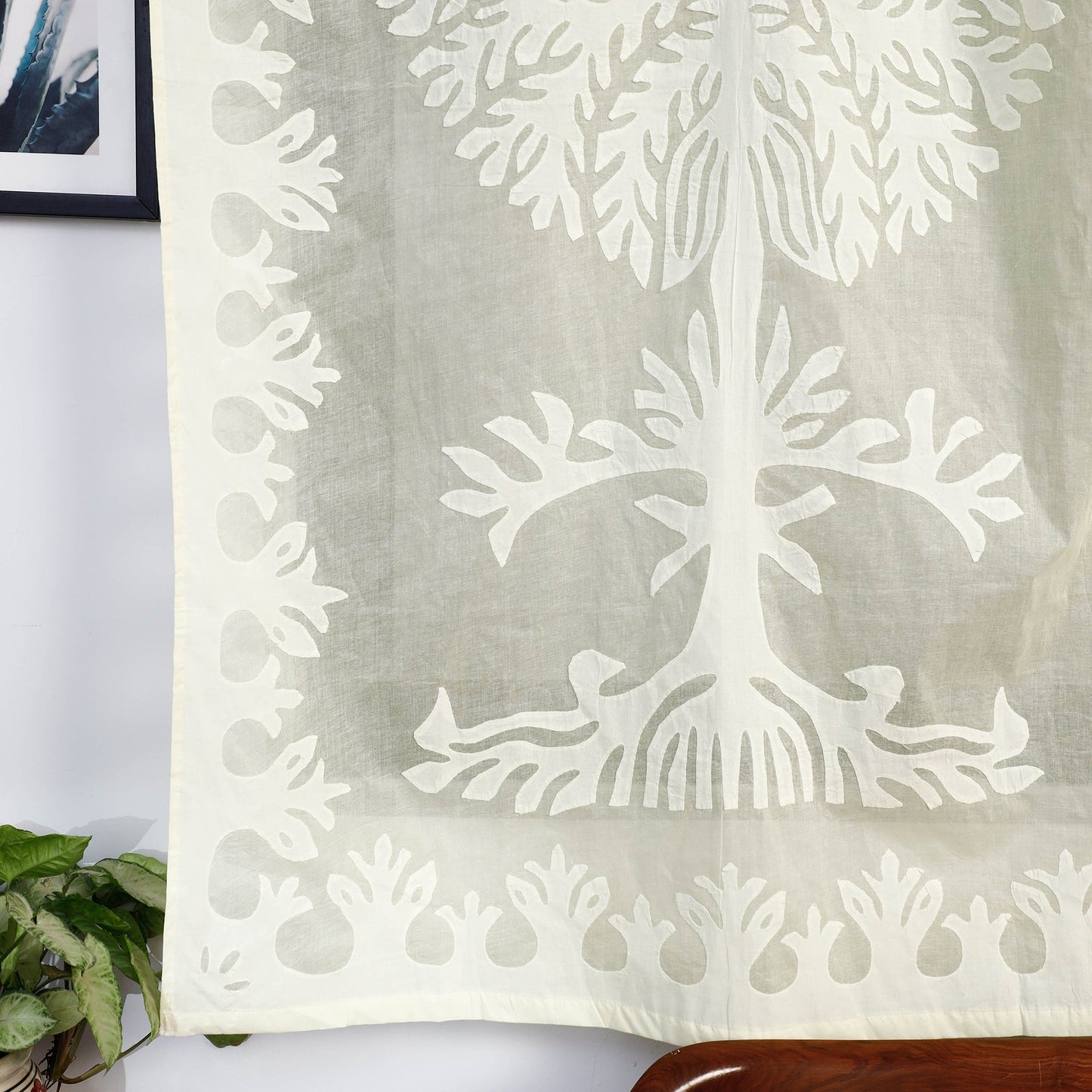 Off White Tree Cutwork Cotton Barmer Applique Window Curtain