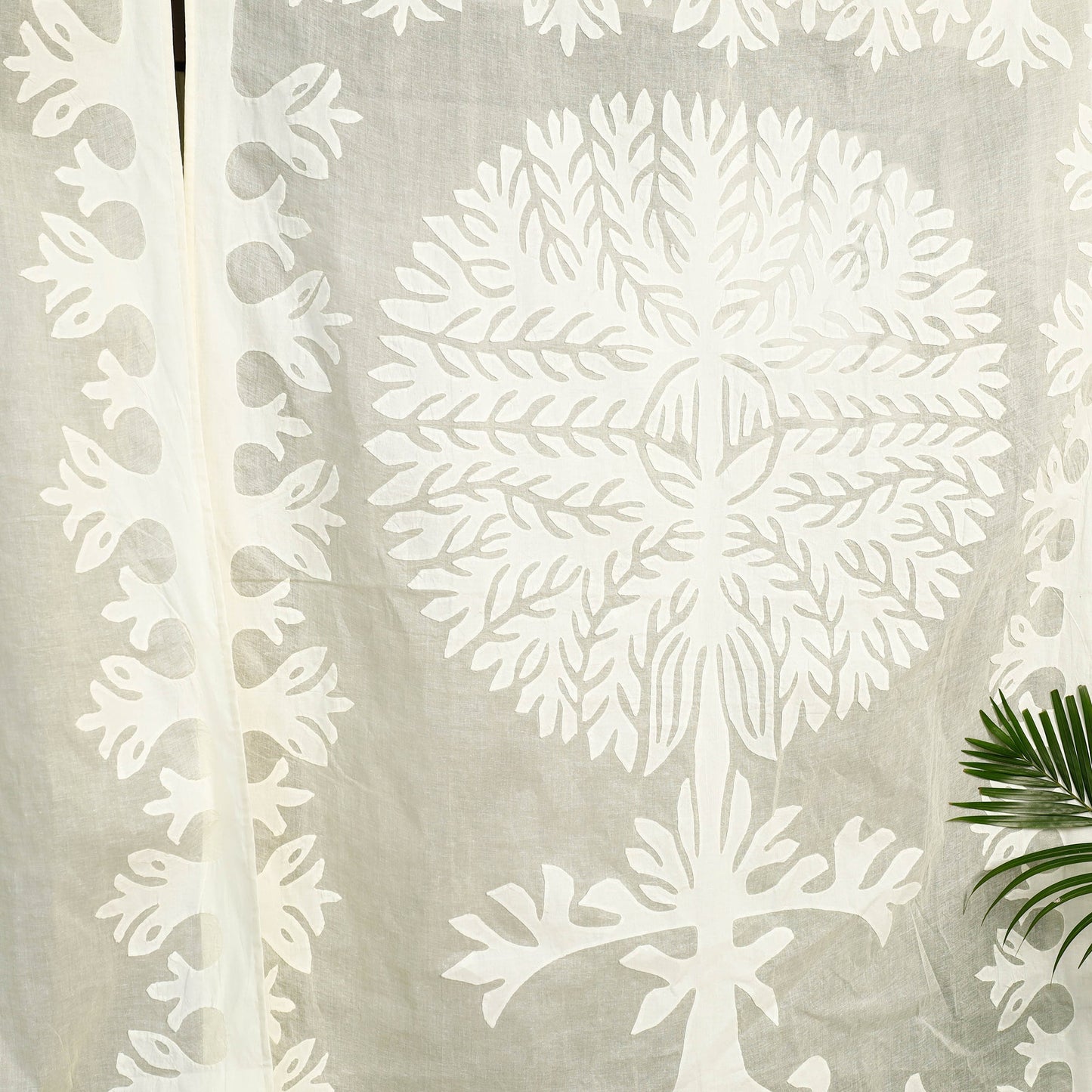 Off White Tree Cutwork Cotton Barmer Applique Window Curtain