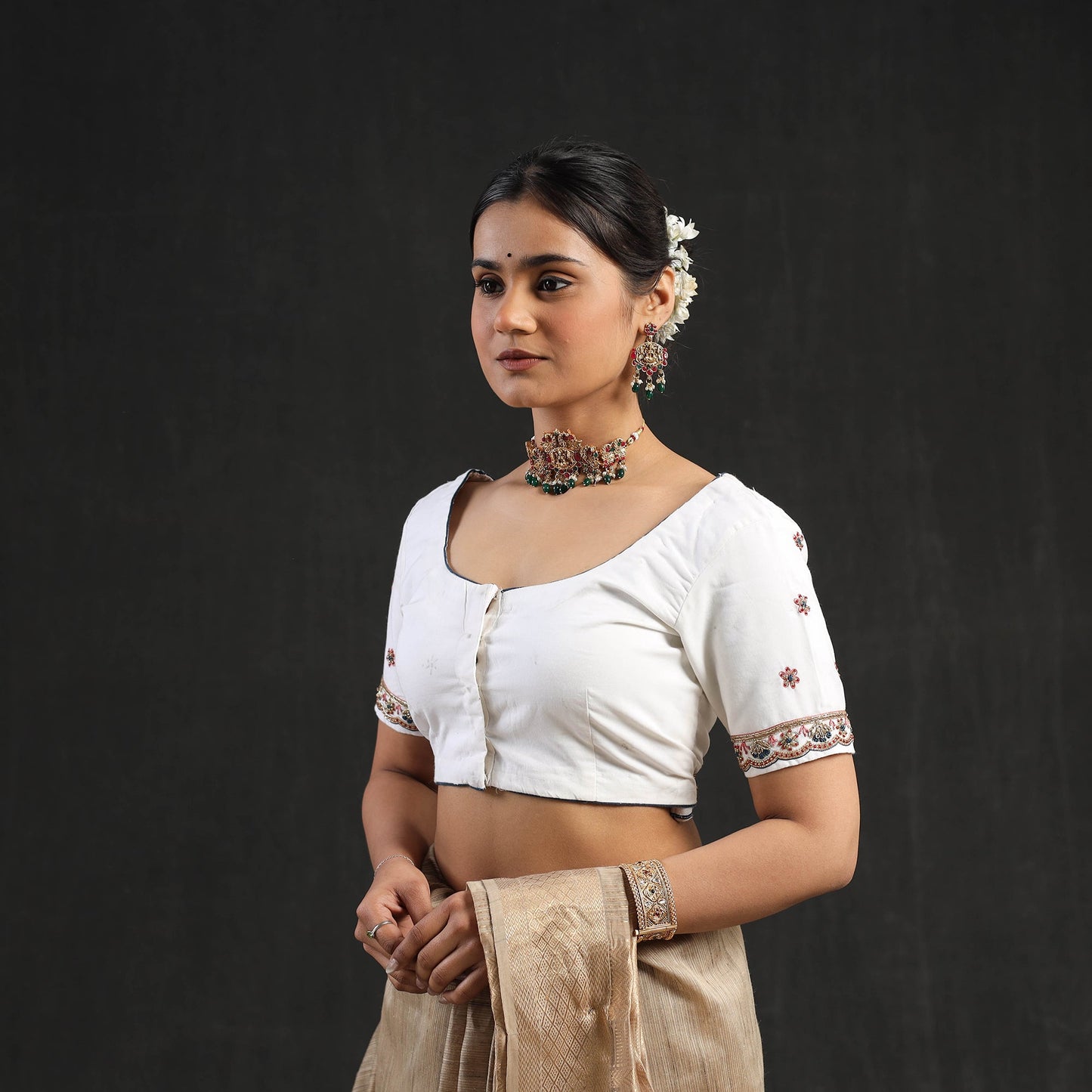 Buy White Zardozi Hand Embroidery Cotton Blouse Online