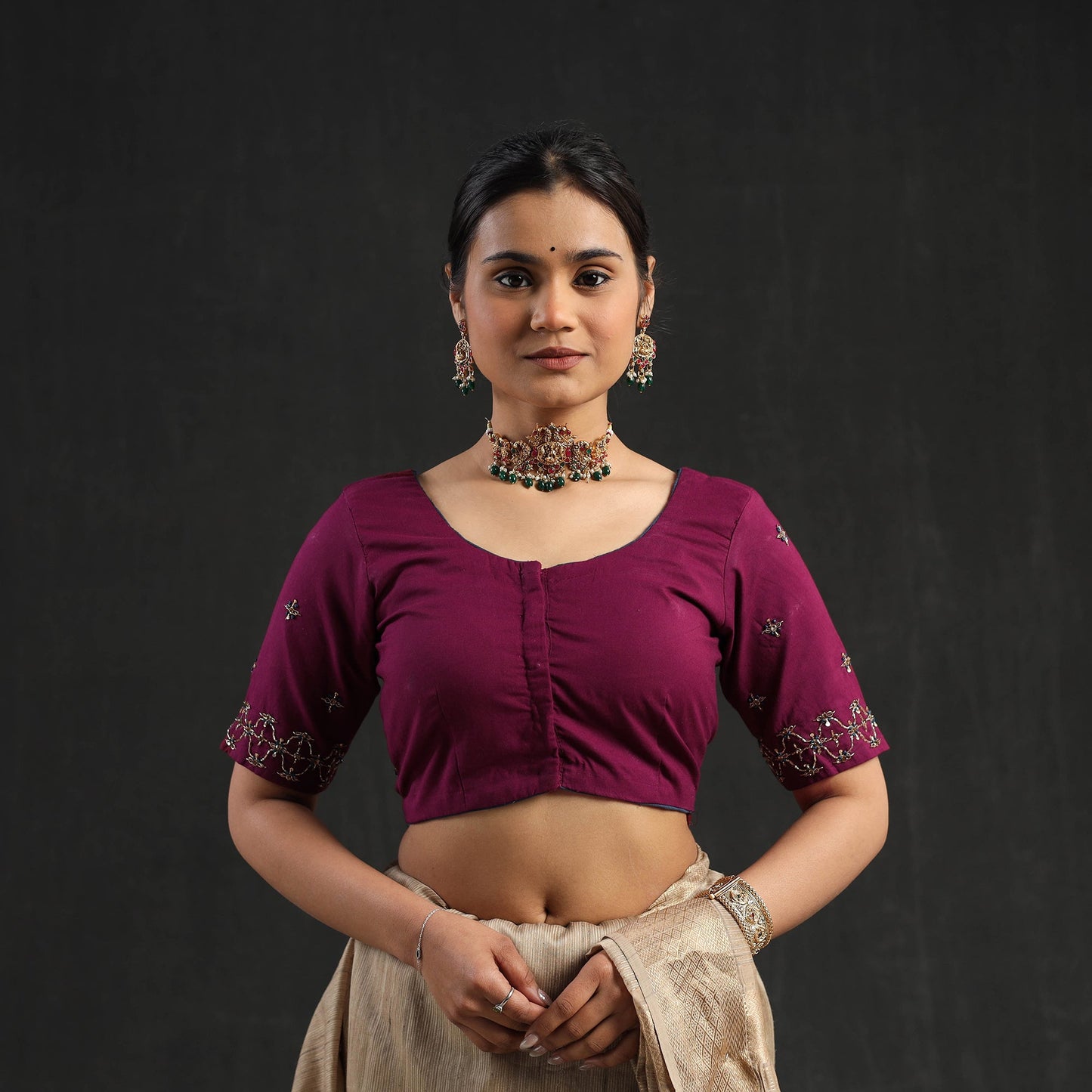 Wine purple - zardozi hand embroidery cotton blouse 03