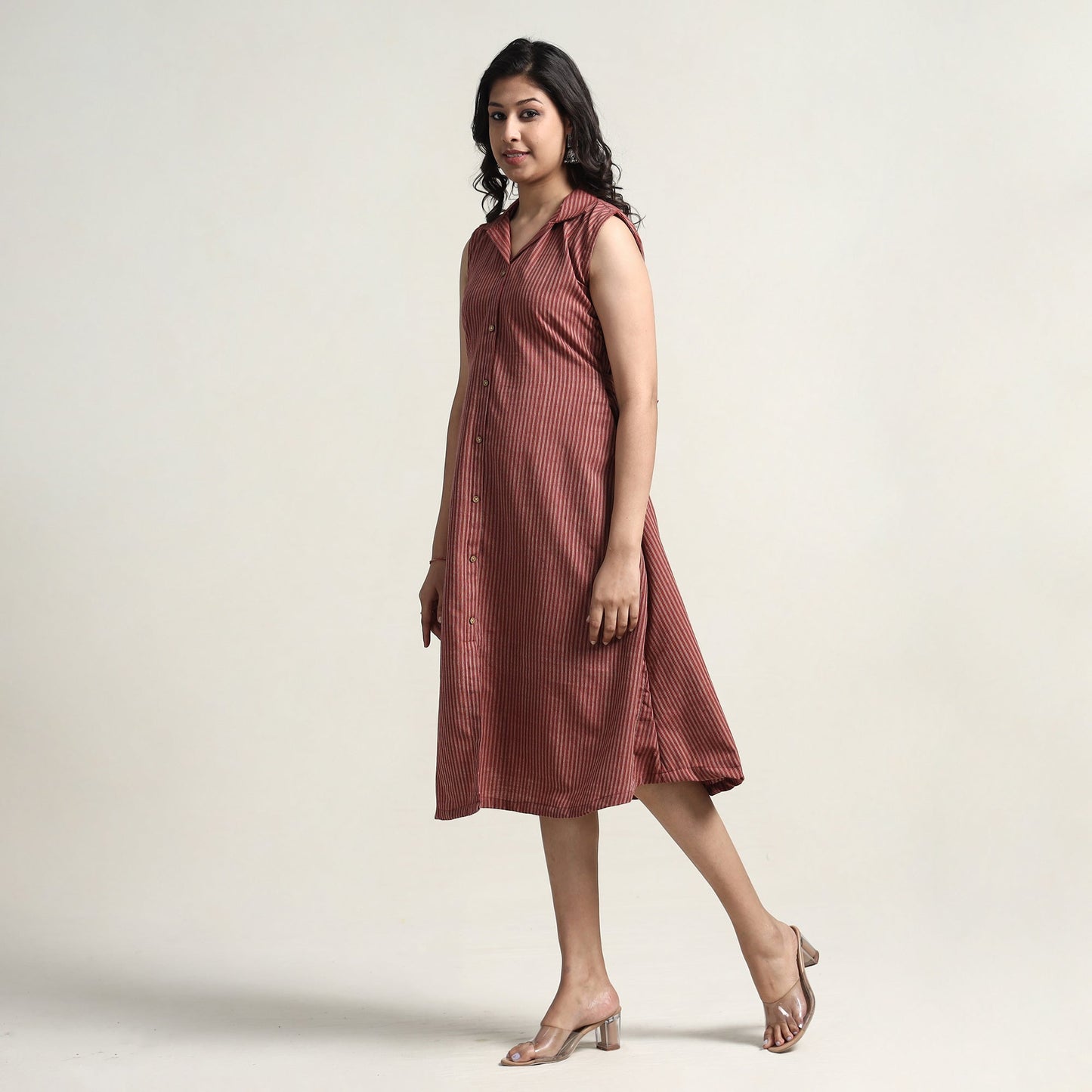 Wine Red - Plain Handloom Cotton Collared Neck Buttoned Down Dress