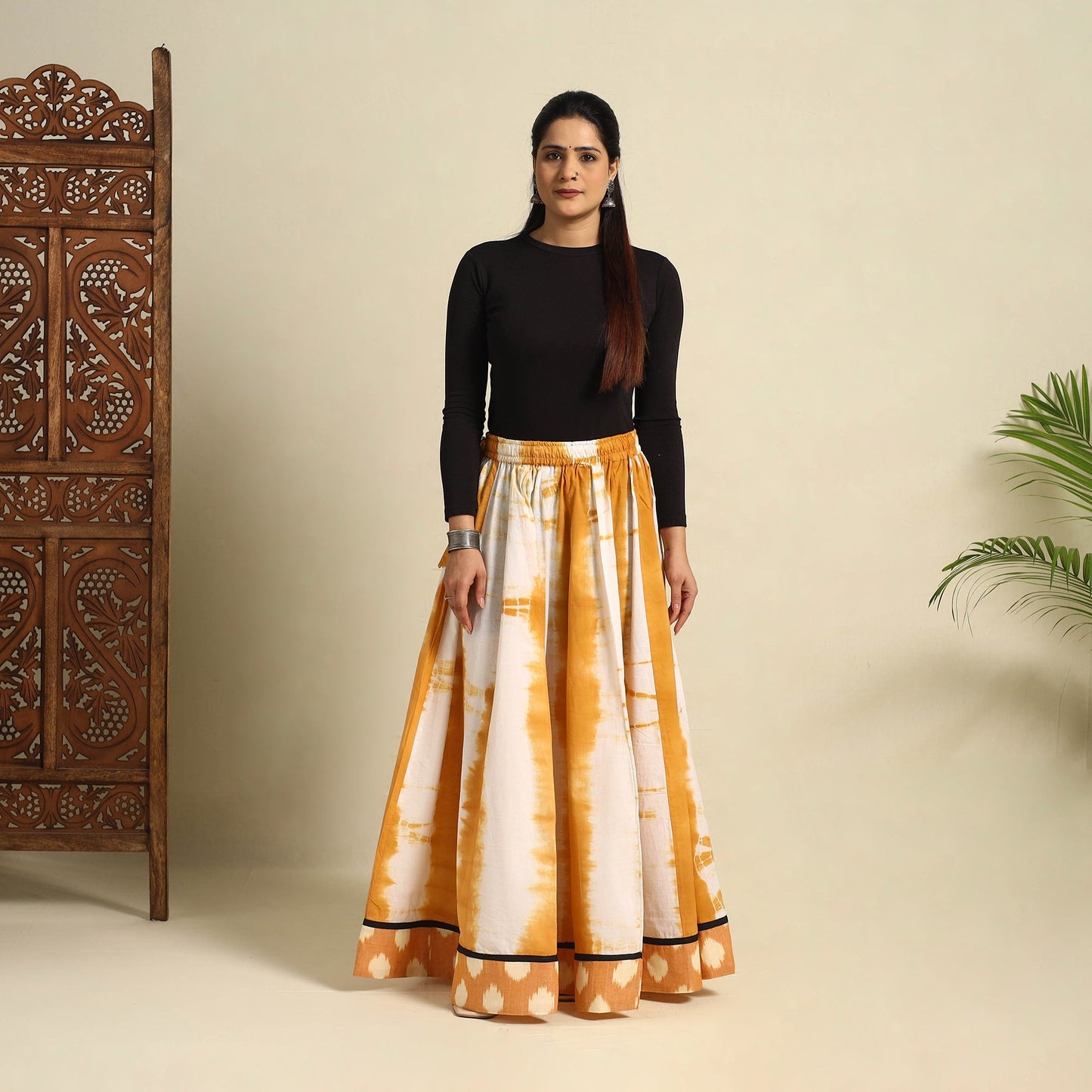 24 Kali Yellow Patchwork Cotton Long Shibori Tie-Dye Skirt