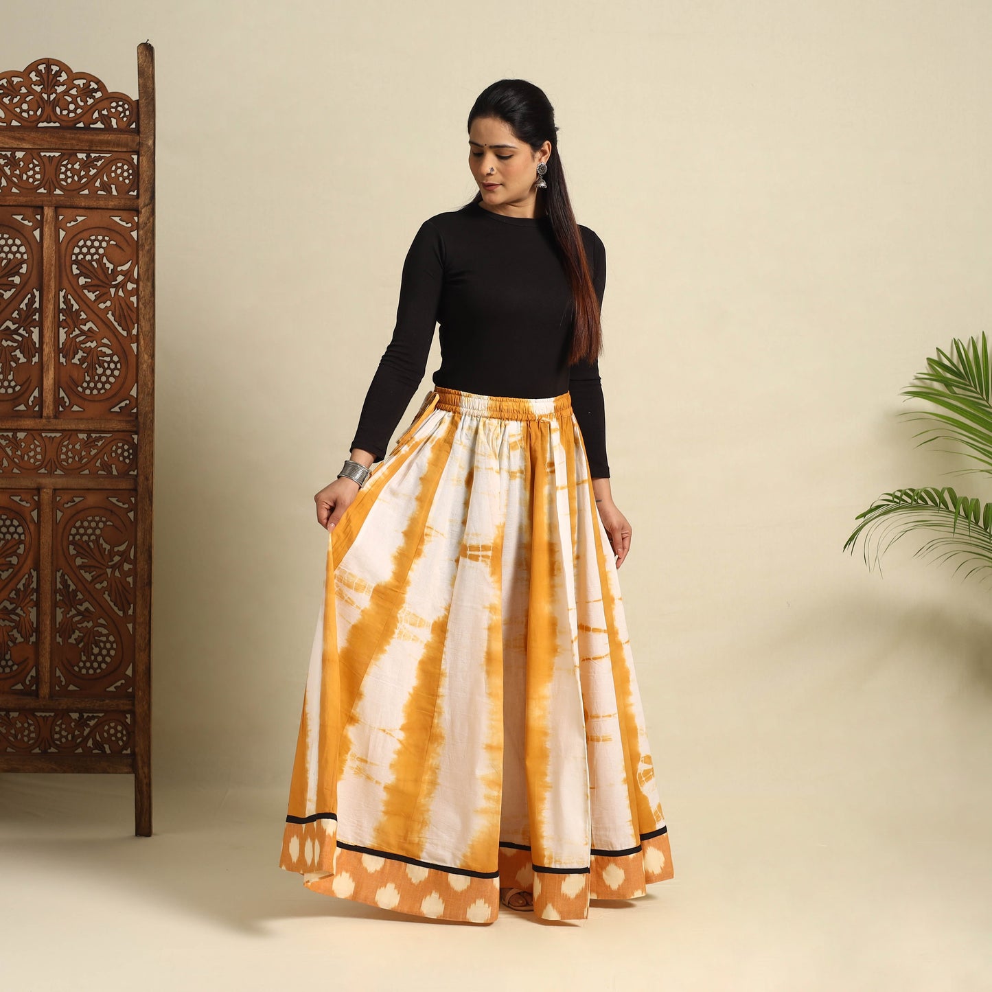 24 Kali Yellow Patchwork Cotton Long Shibori Tie-Dye Skirt