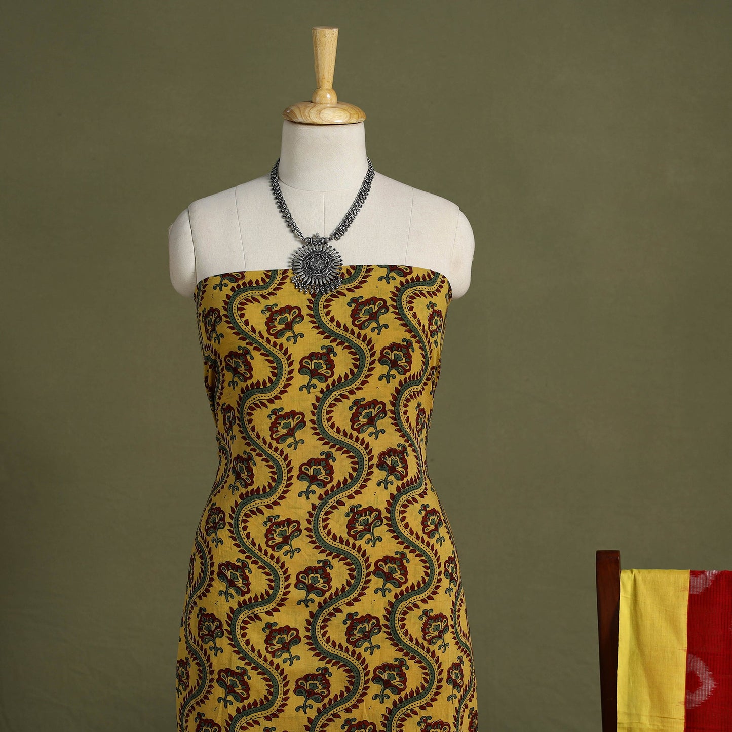 Yellow 2pc Cotton Ajrakh Print Kurta with Ikat Dupatta