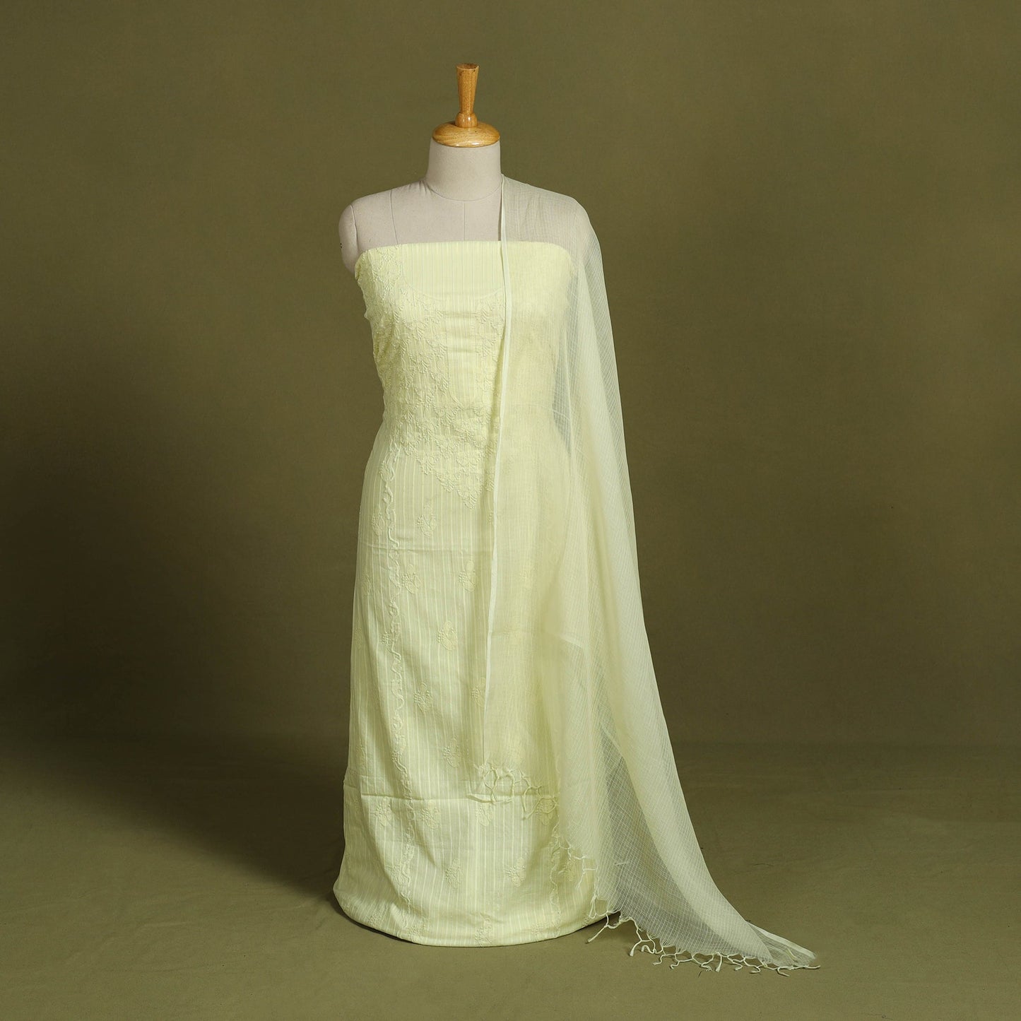 2pc Yellow Hand Embroidery Cotton Chikankari Dress Material