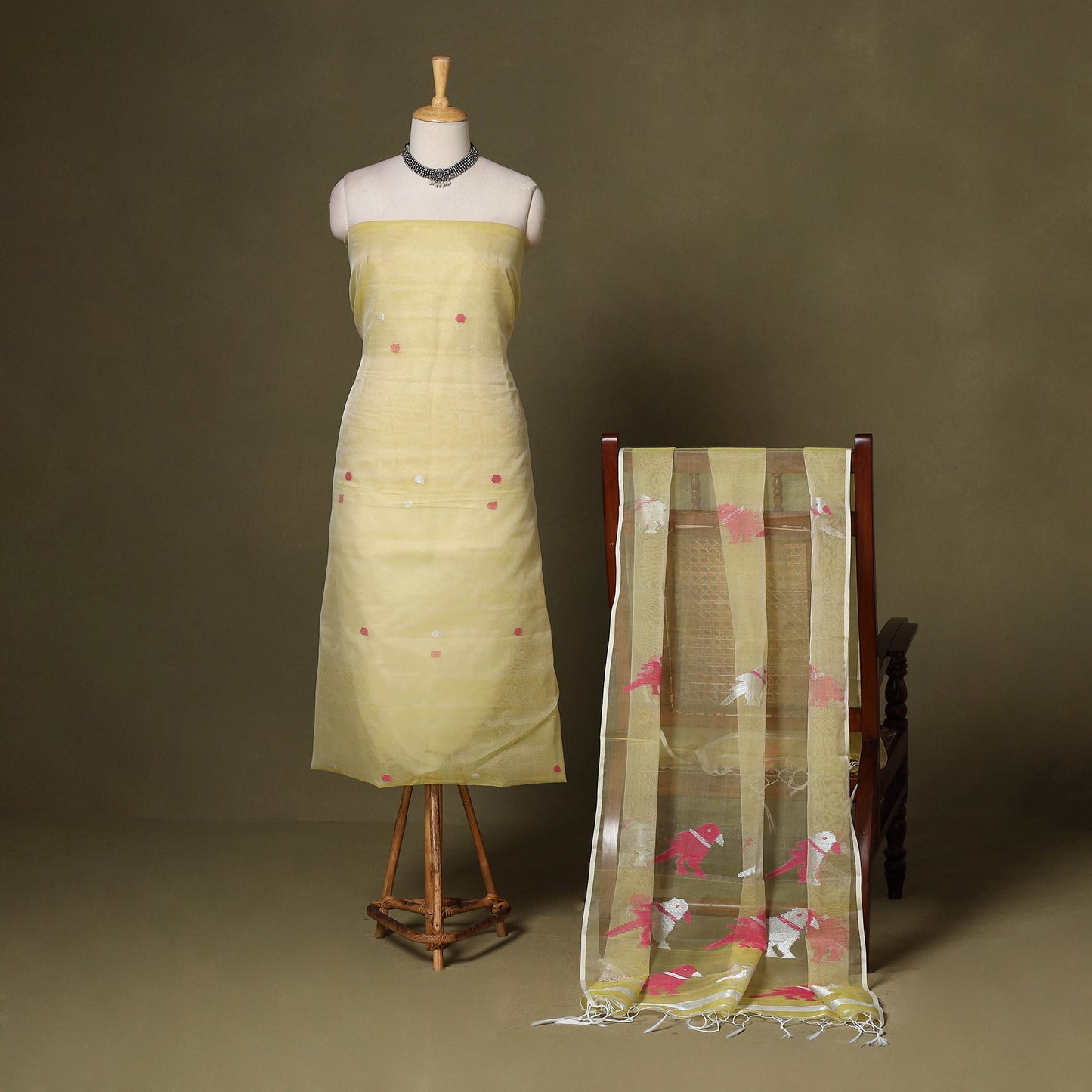Yellow - 2pc handloom mulberry silk unstitched phulia