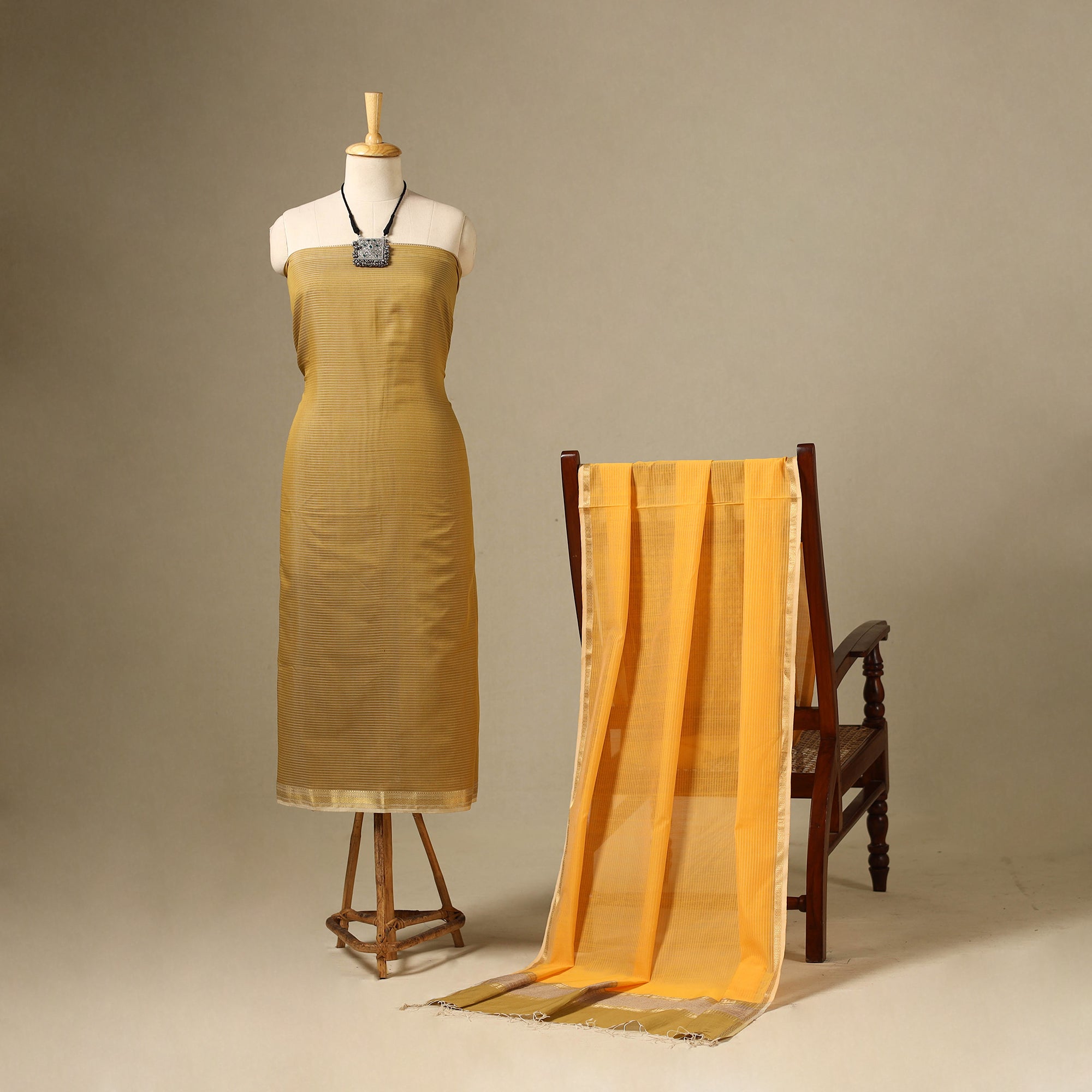 Yellow 2pc Handloom Silk Cotton Maheshwari Dress Material Suit Set