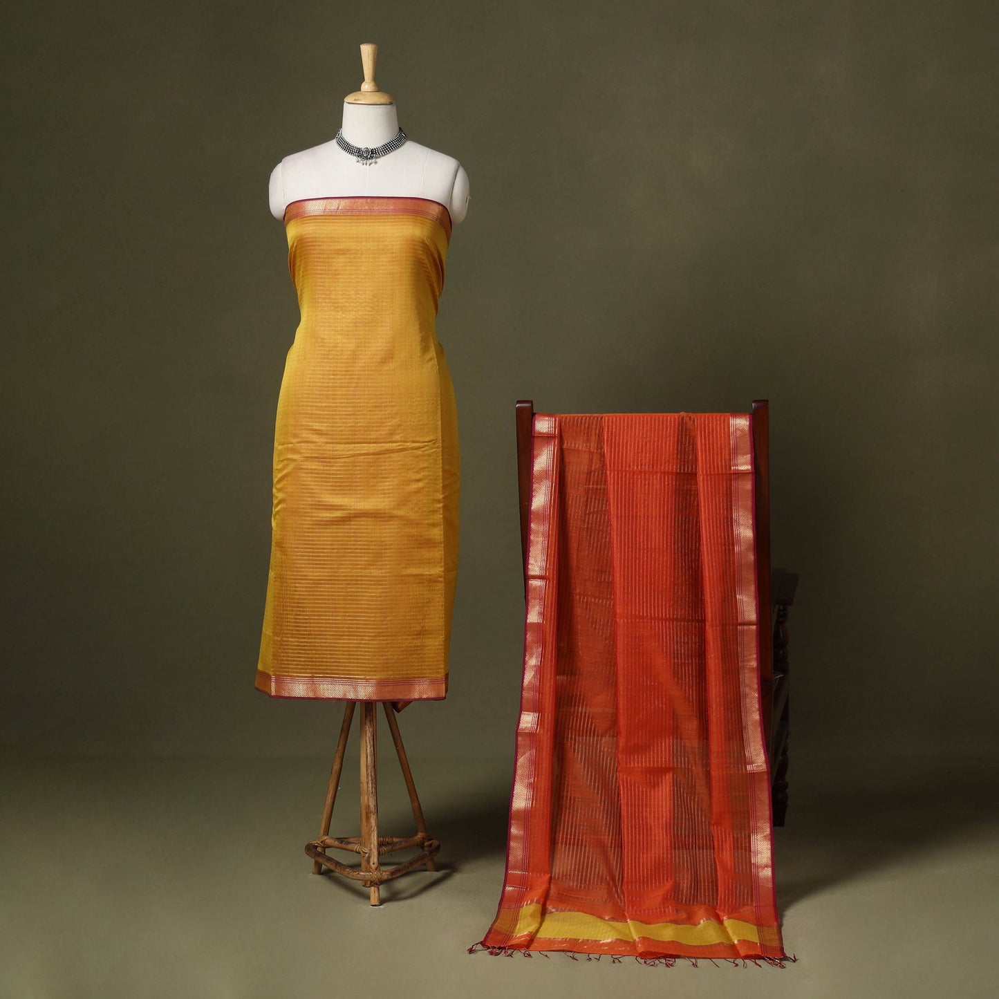 Yellow 2pc Handloom Unstitched Maheshwari Dress Material with Border