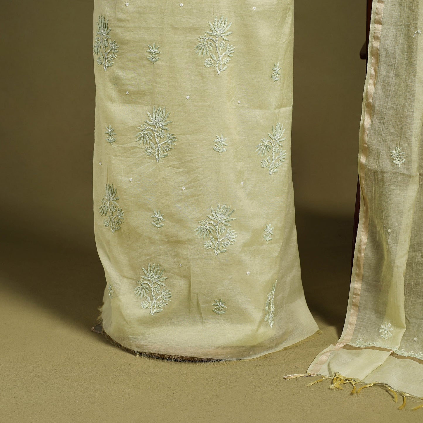 2pc Yellow Mul Chanderi Heavy Chikankari Dress Material