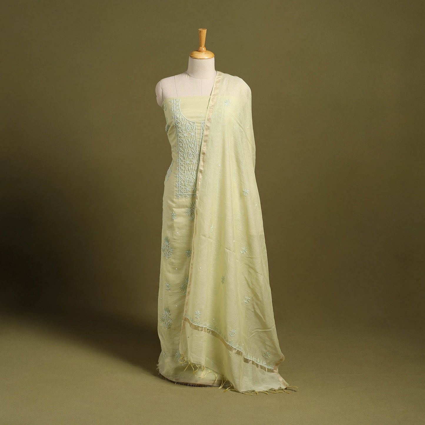 2pc Yellow Mul Chanderi Heavy Chikankari Dress Material