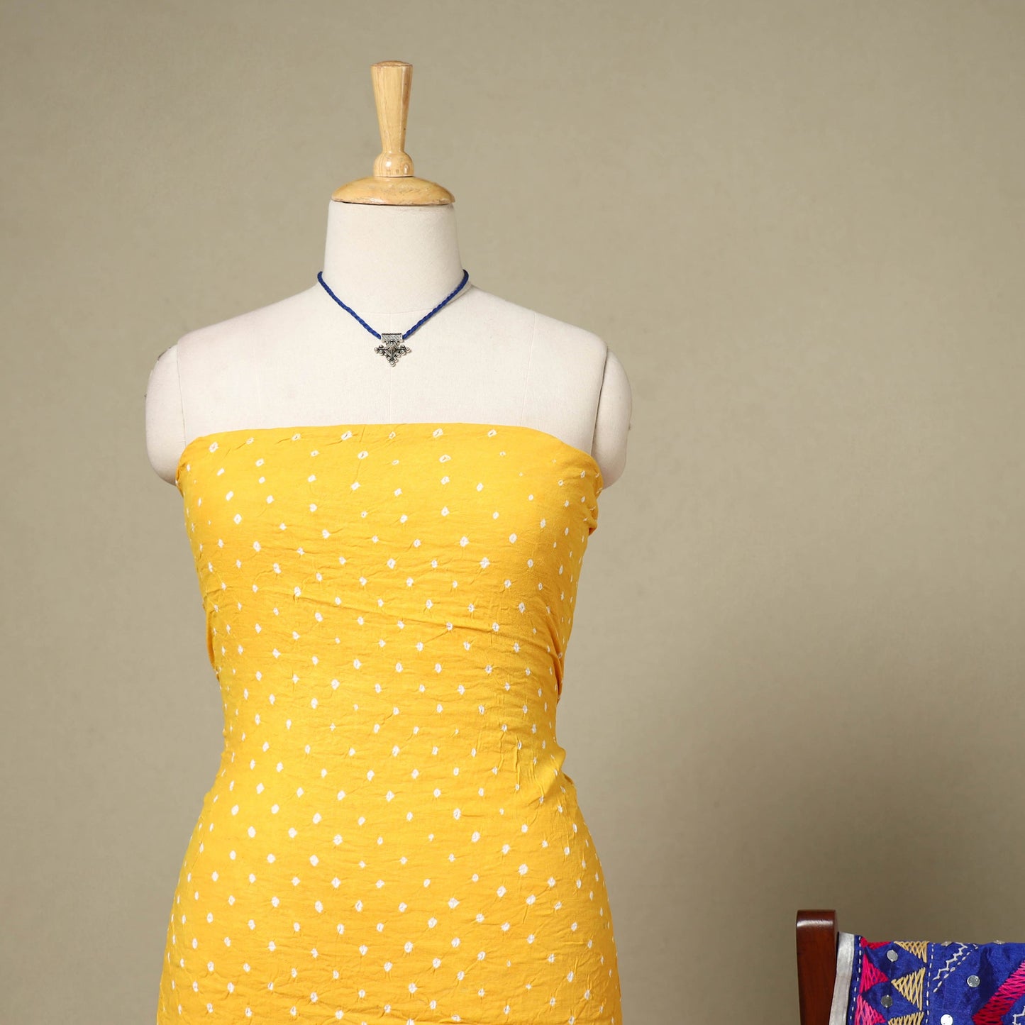 Yellow 2pc Unstitched Bandhani Dress Material with Jewellery Set