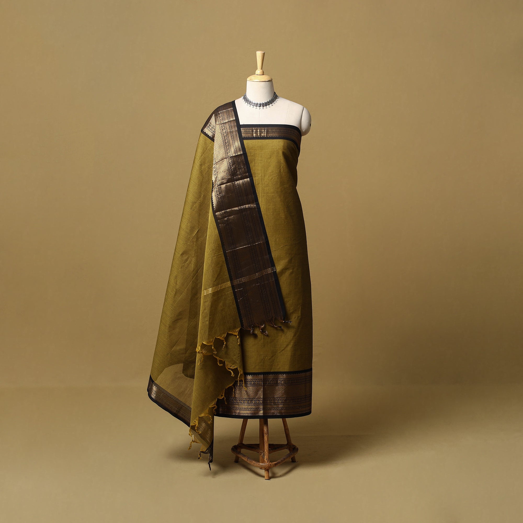 Yellow 2pc Unstitched Kandangi Chettinad Cotton Dress Material Suit Set