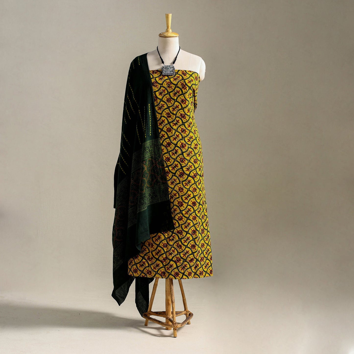 Yellow 3pc Block Print Natural Dyed Ajrakh Dress Material