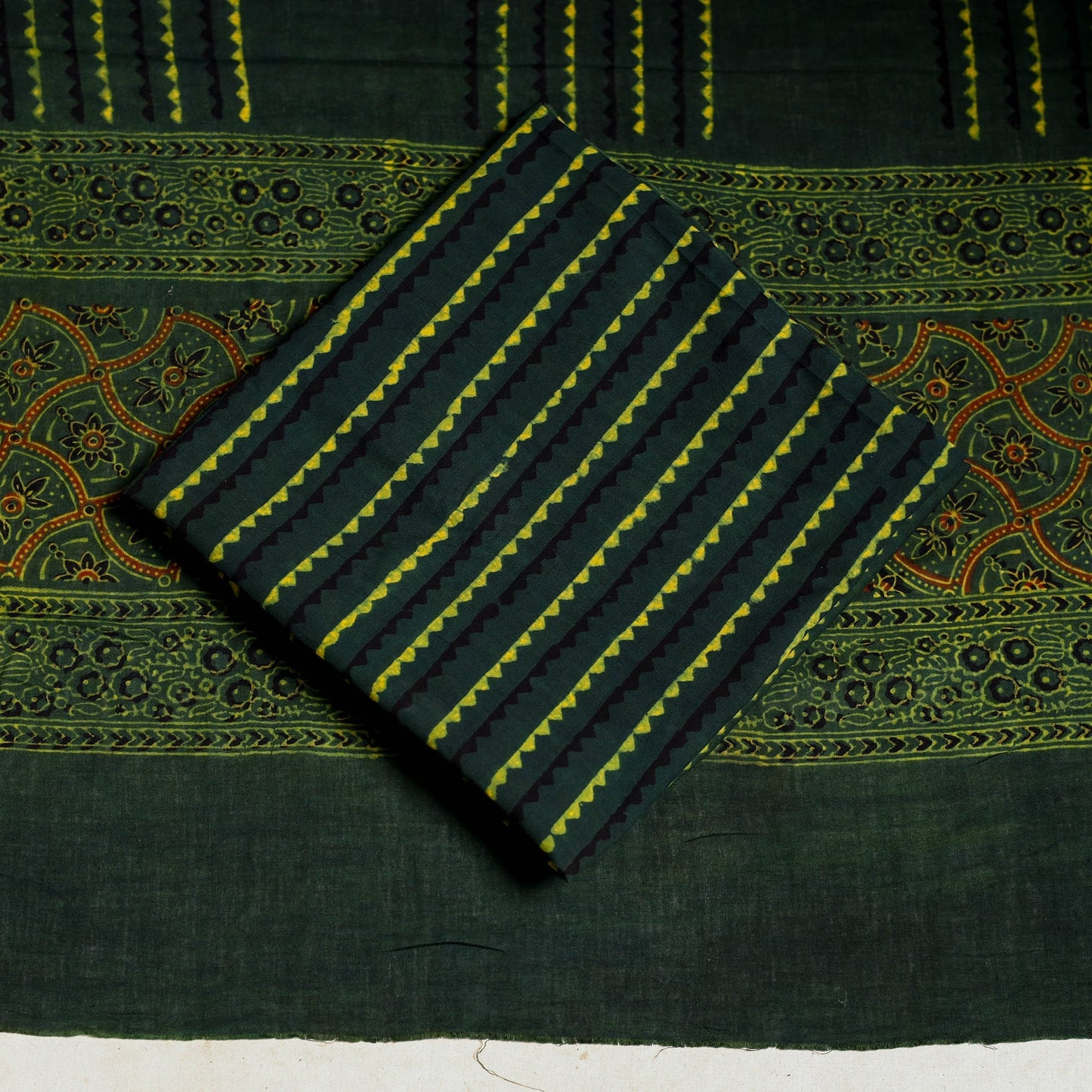 Yellow 3pc Block Print Natural Dyed Ajrakh Dress Material