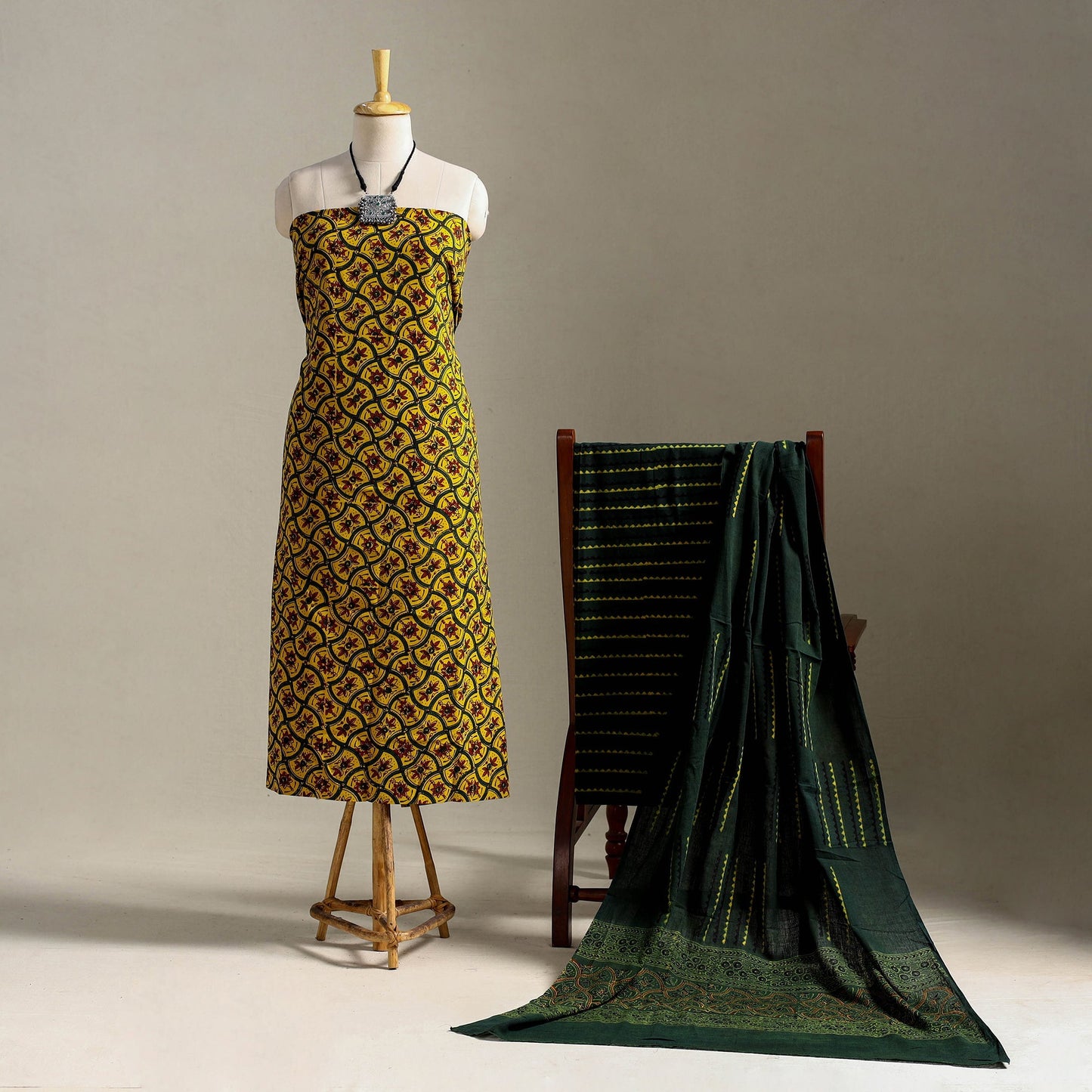 Yellow 3pc Block Print Natural Dyed Ajrakh Dress Material