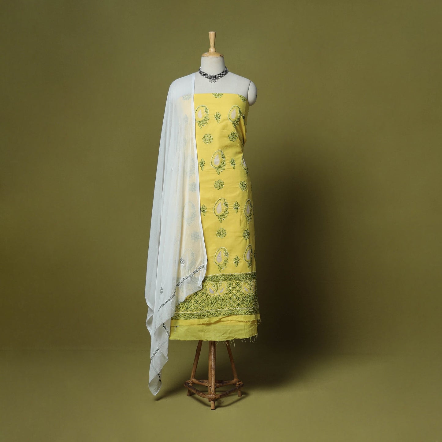 Yellow - 3pc hand embroidery cotton lucknow chikankari