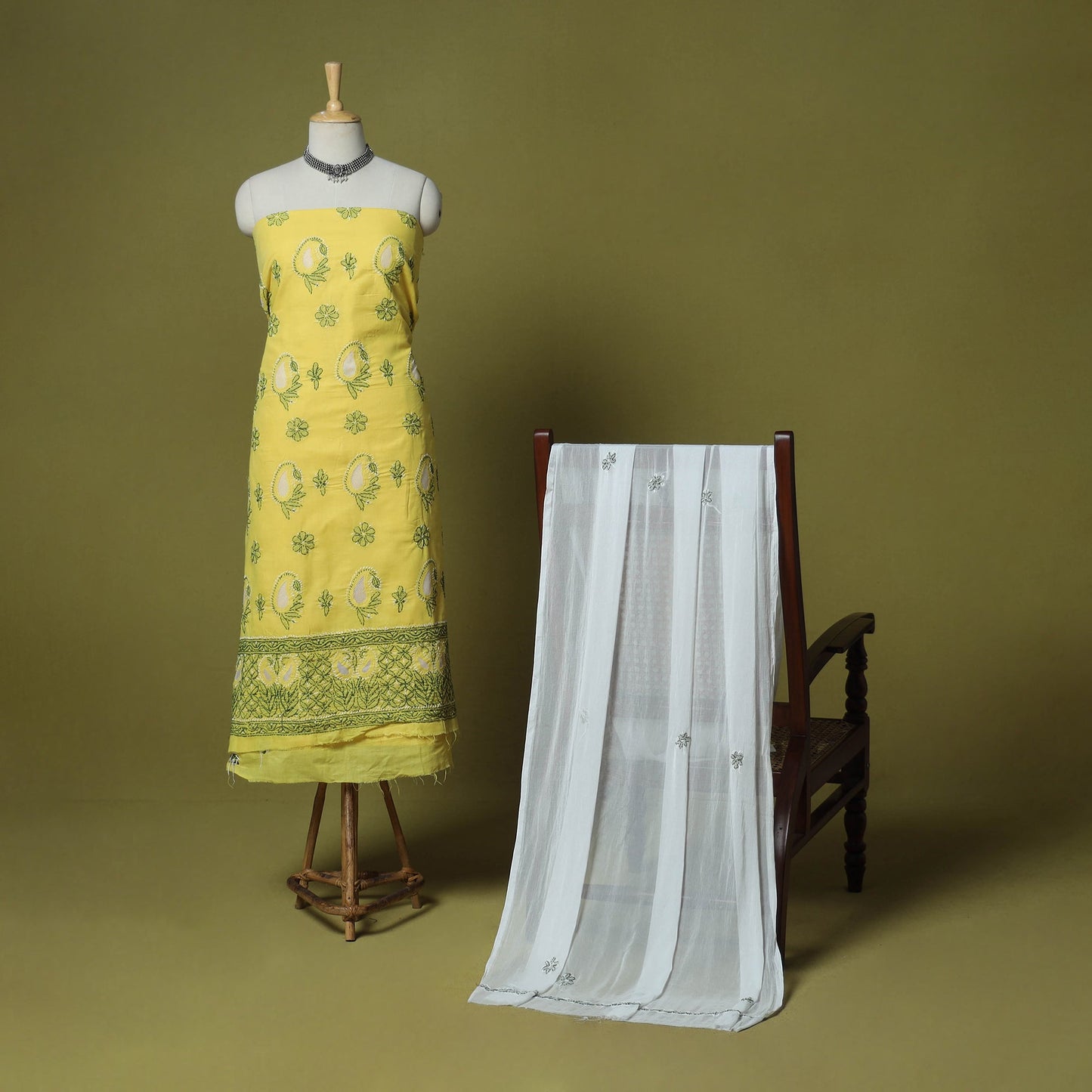 Yellow - 3pc hand embroidery cotton lucknow chikankari