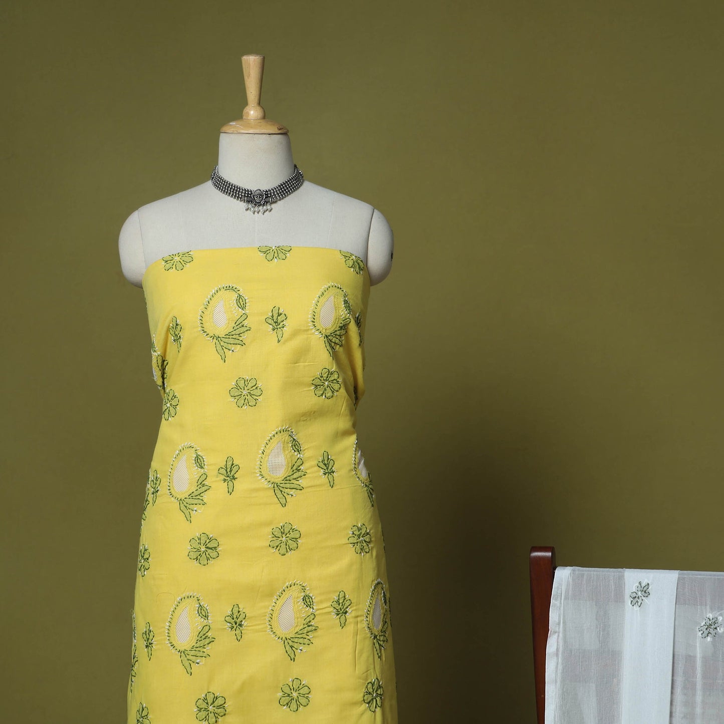 Yellow - 3pc hand embroidery cotton lucknow chikankari