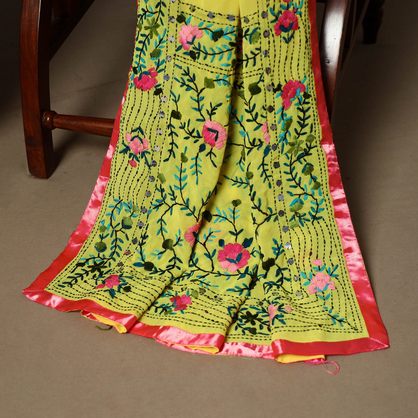 Yellow - 3pc hand embroidery georgette unstitched phulkari