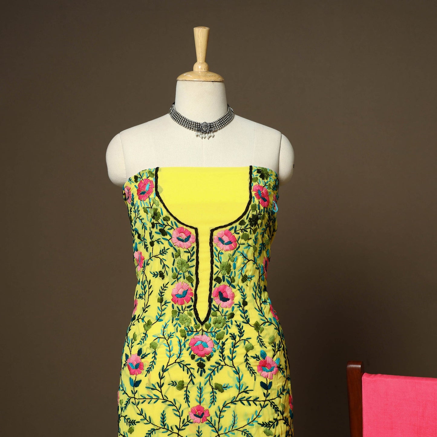 Yellow - 3pc hand embroidery georgette unstitched phulkari