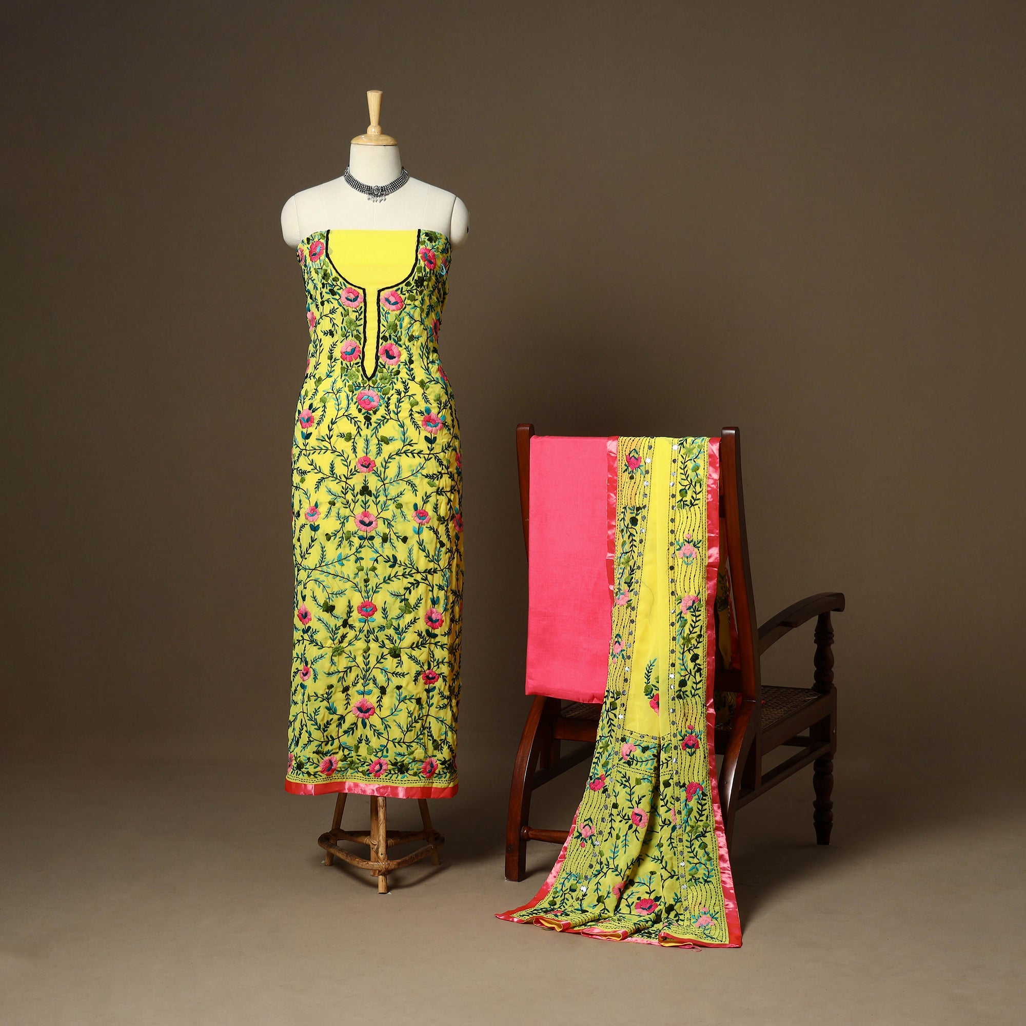 yellow 3pc Hand Embroidery Georgette Unstitched Phulkari Unstitched Dress  Material Suit Sets