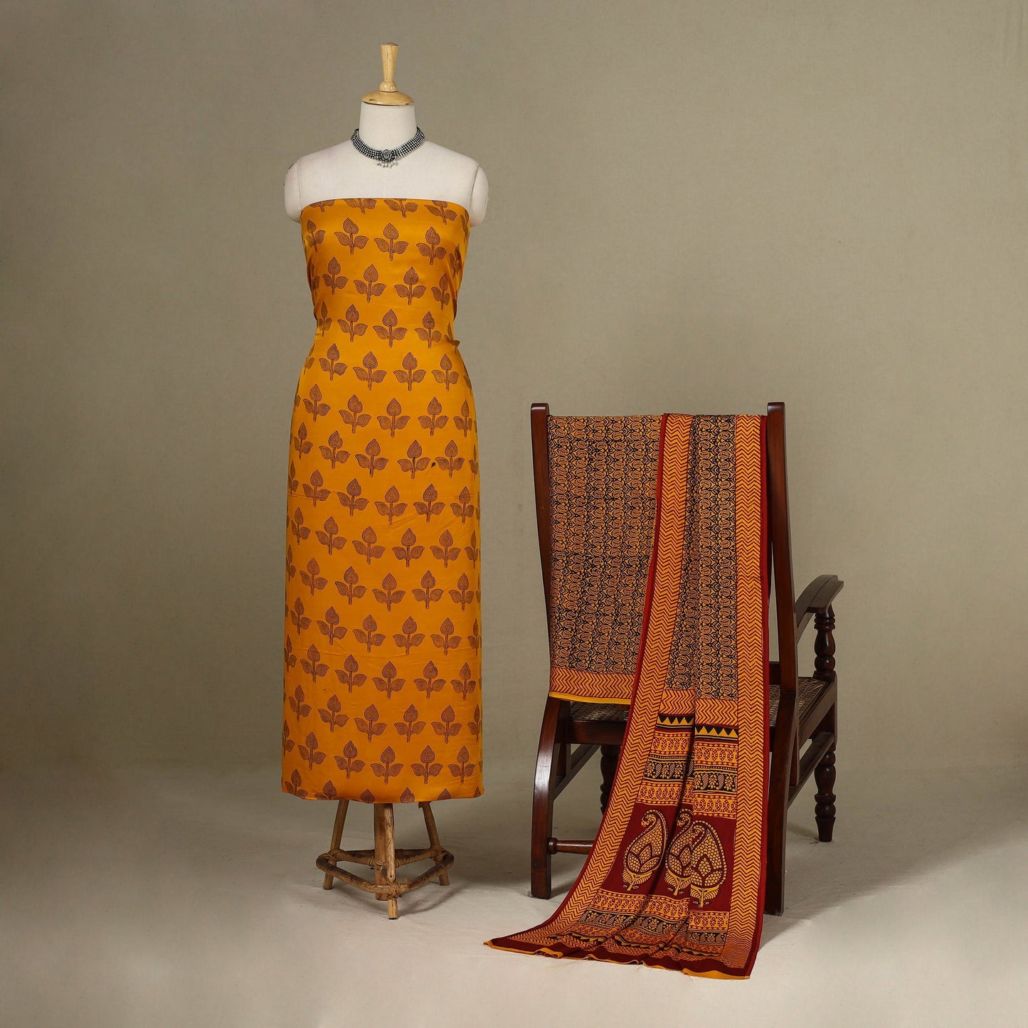Yellow - 3pc Modal Silk Unstitched Bagh Print Suit Material Set