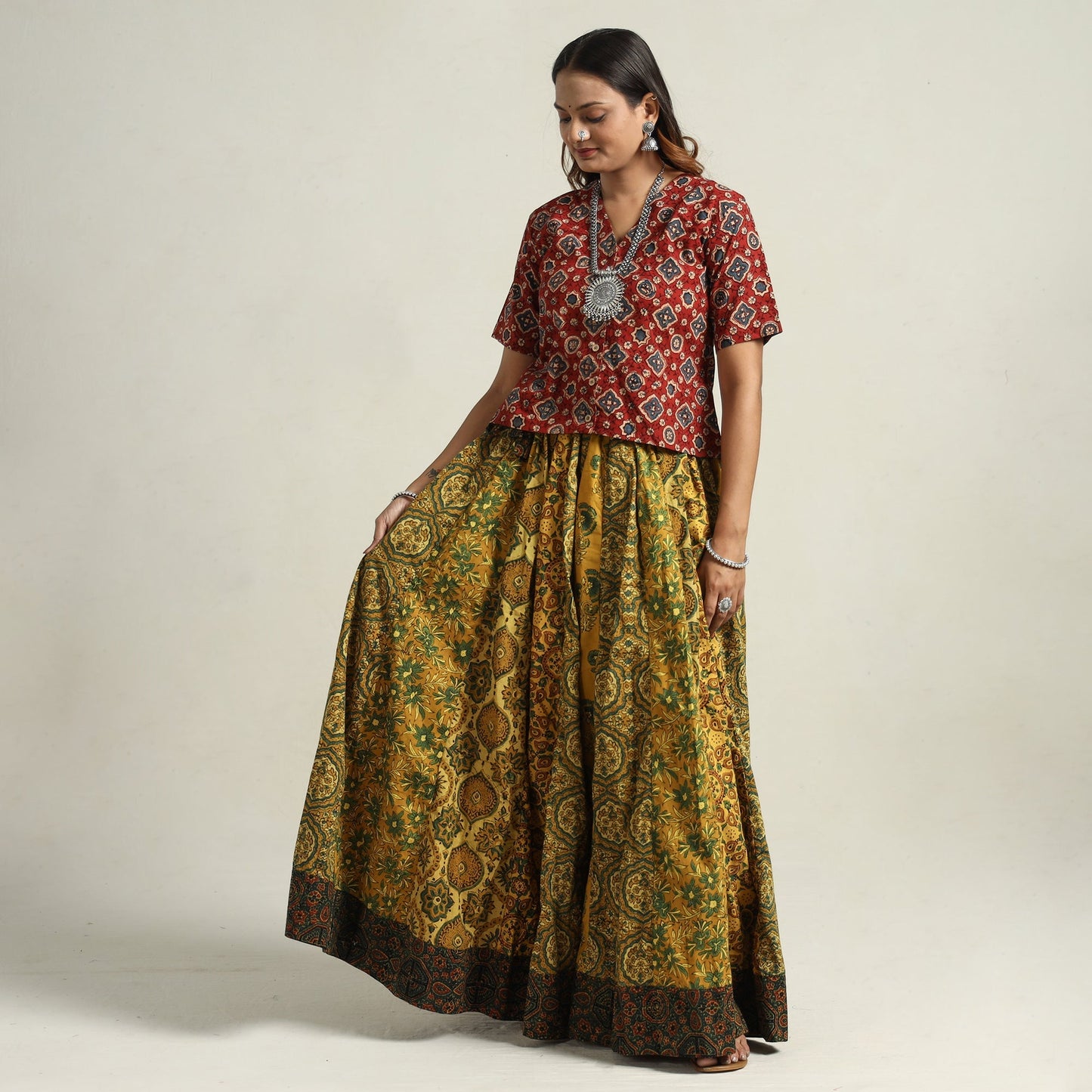 Ajrakh Block Printed 24 Kali Patchwork Cotton Long Skirt 15