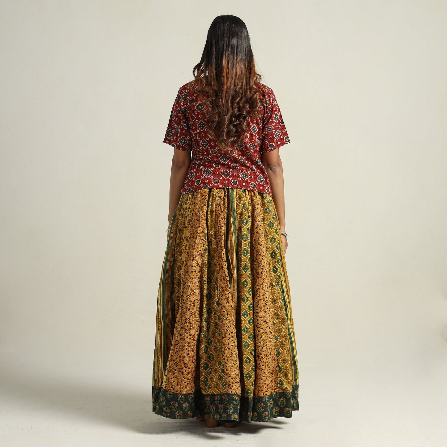 Yellow - printed 24 kali patchwork cotton long skirt 69