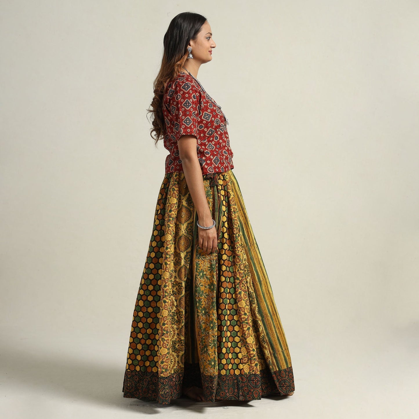 Yellow - printed 24 kali patchwork cotton long skirt 80