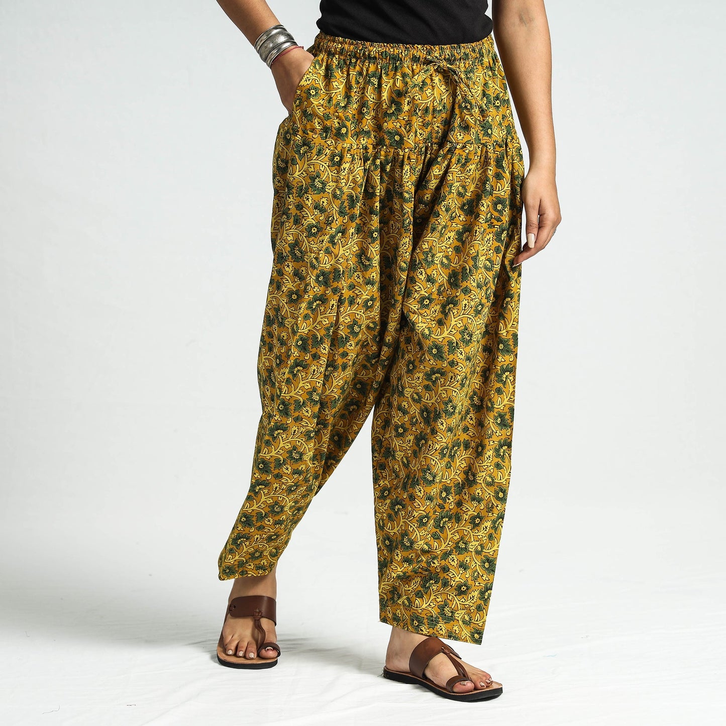 Yellow - printed cotton elasticated salwar - handcrafted