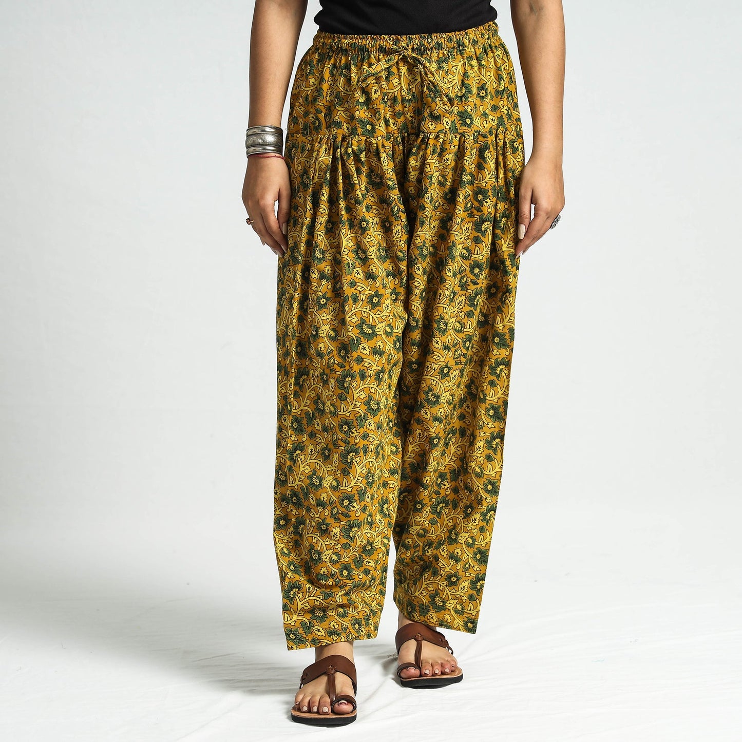 Yellow - printed cotton elasticated salwar - handcrafted