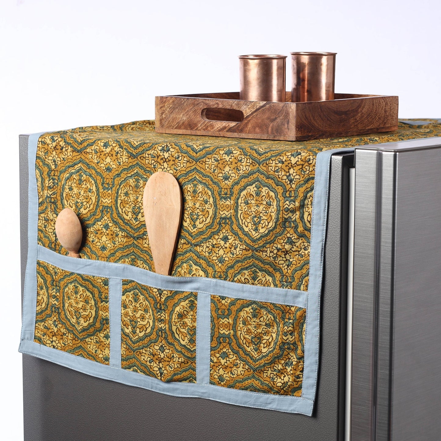 Yellow Ajrakh Block Printed Cotton Fridge Top Cover with Multiple Pockets