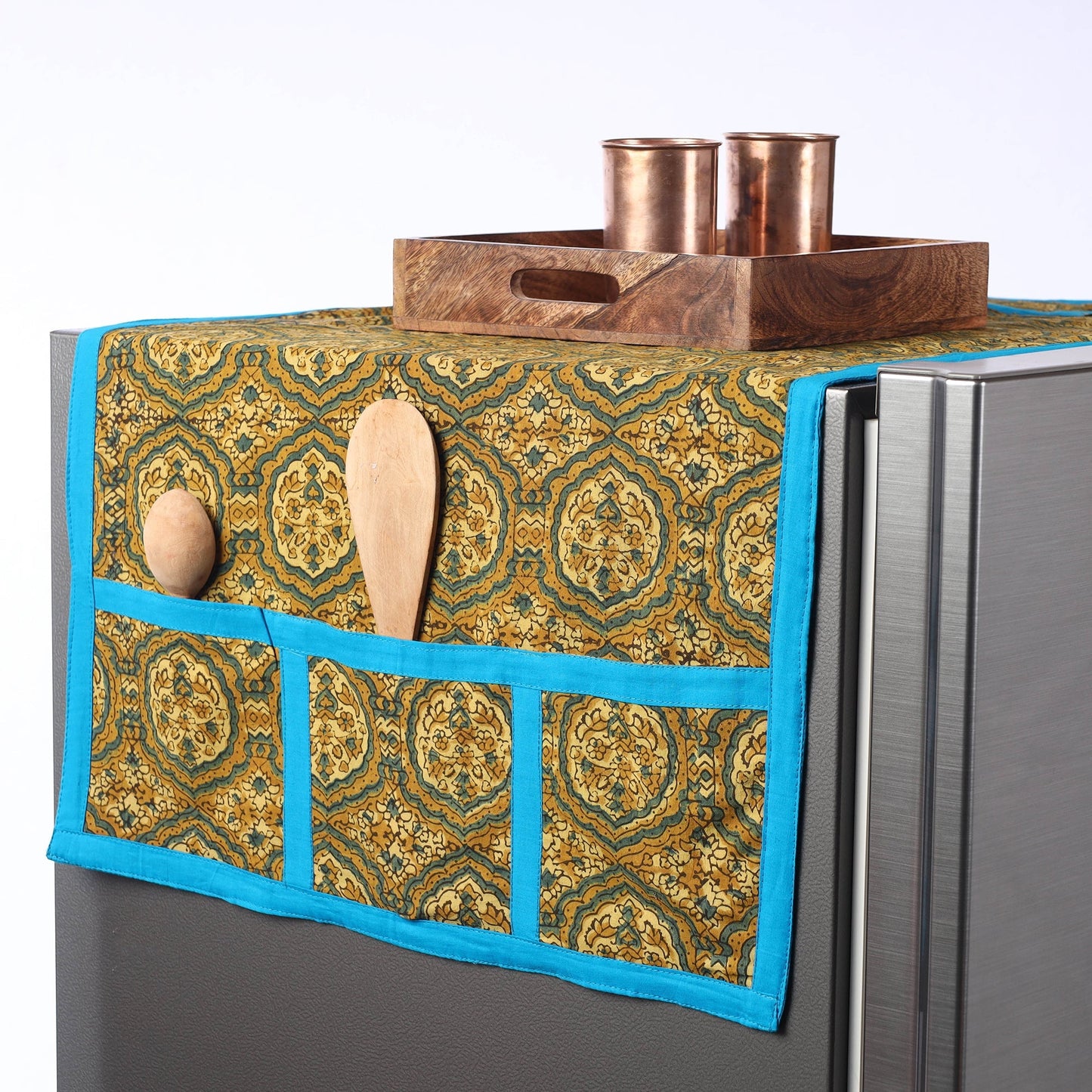Yellow Ajrakh Block Printed Cotton Fridge Top Cover with Multiple Pockets